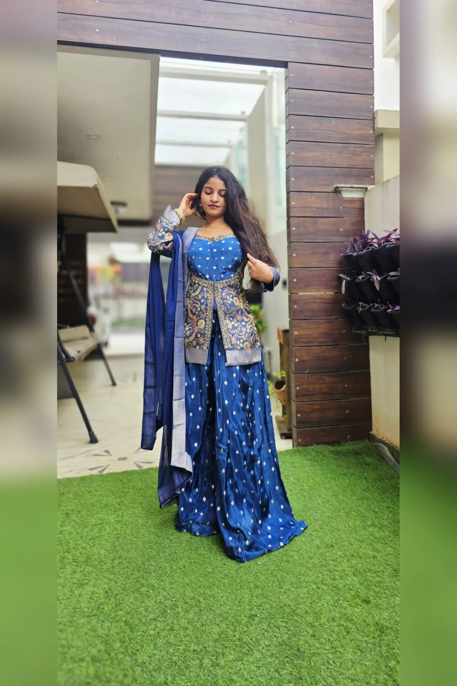 Blue Printed Sharara Set with Embroidered Jacket, photo 2