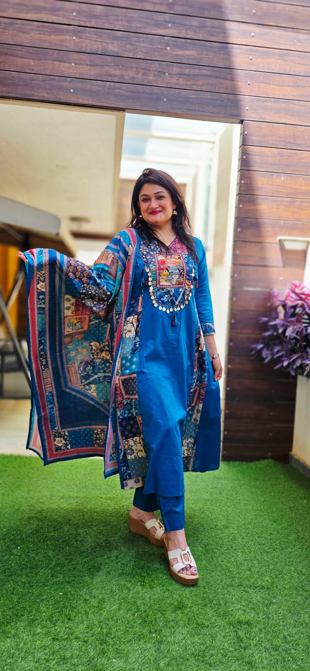 Blue Cow Print Hand Work Signature Dress