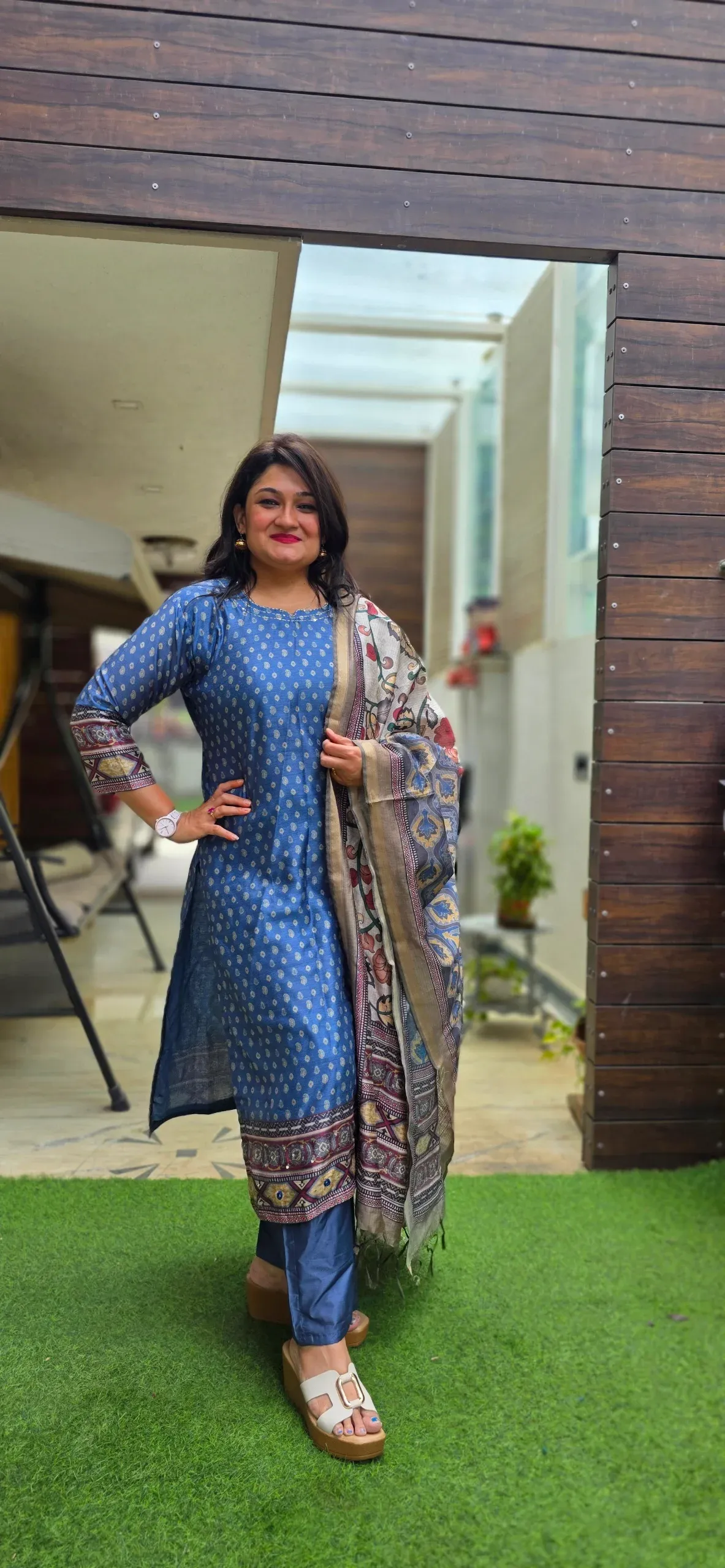 Blue Cotton Casual Dress with Kalamkari Dupatta