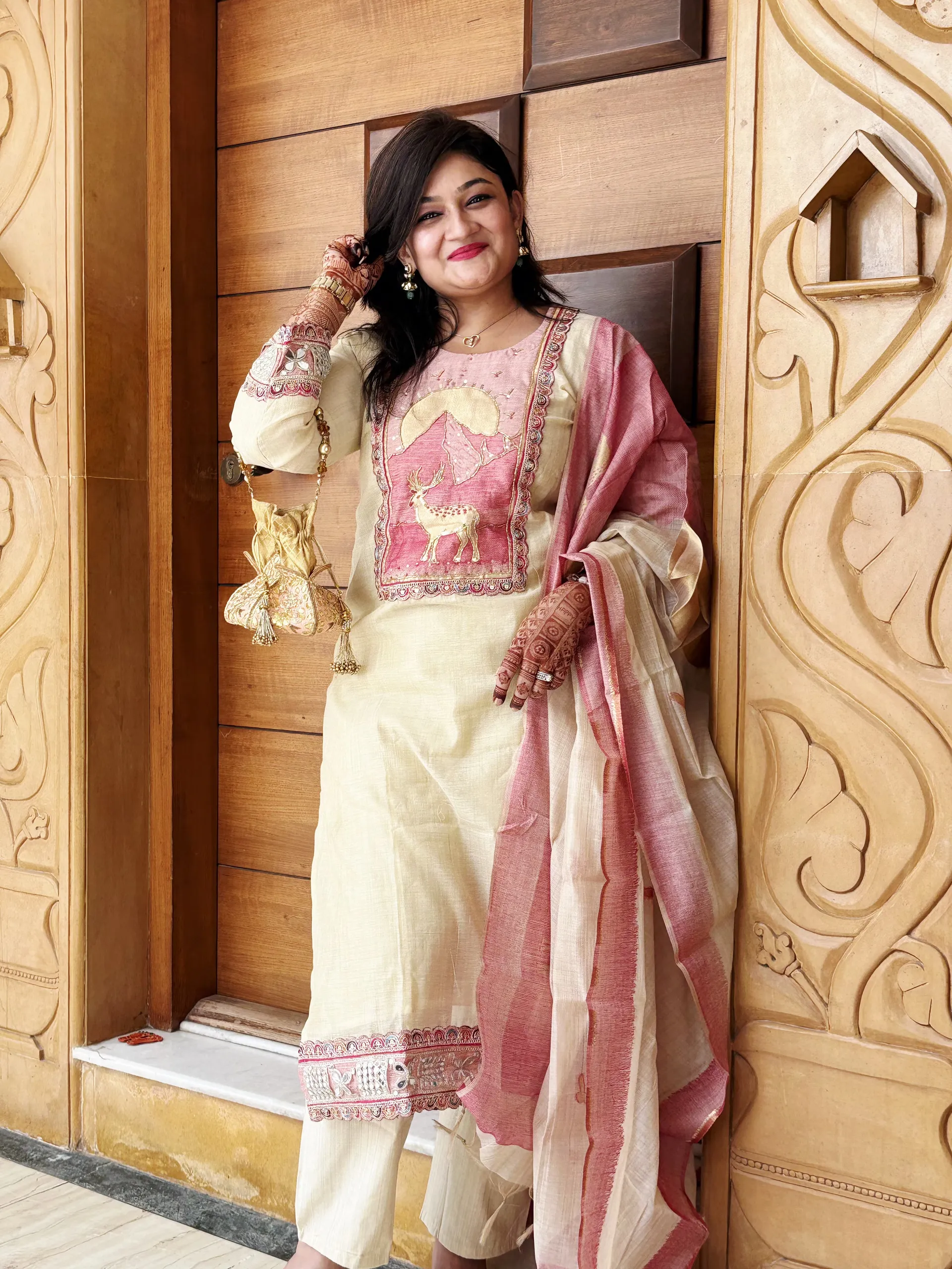 Beige & Pink Festive Dress with Deer Motifs