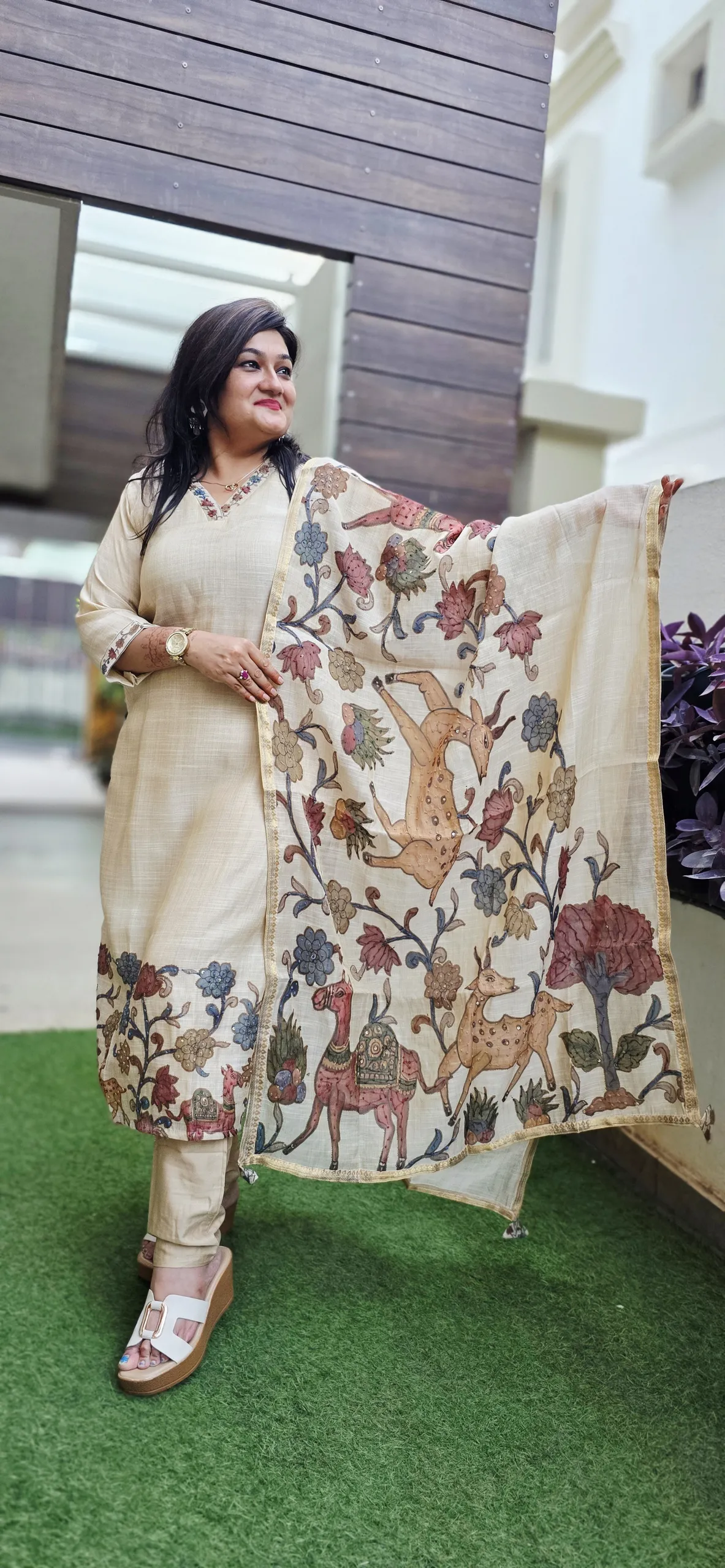 Beige Cotton Casual Dress with Kalamkari Dupatta, photo 3