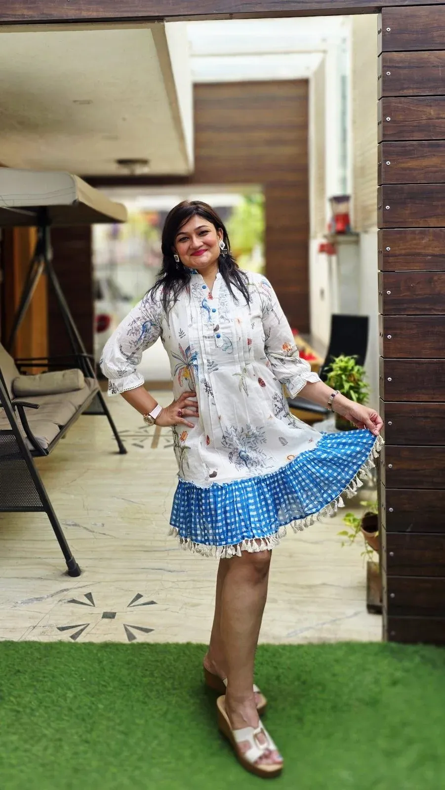 White & Blue Cotton Designer Dress, photo 2