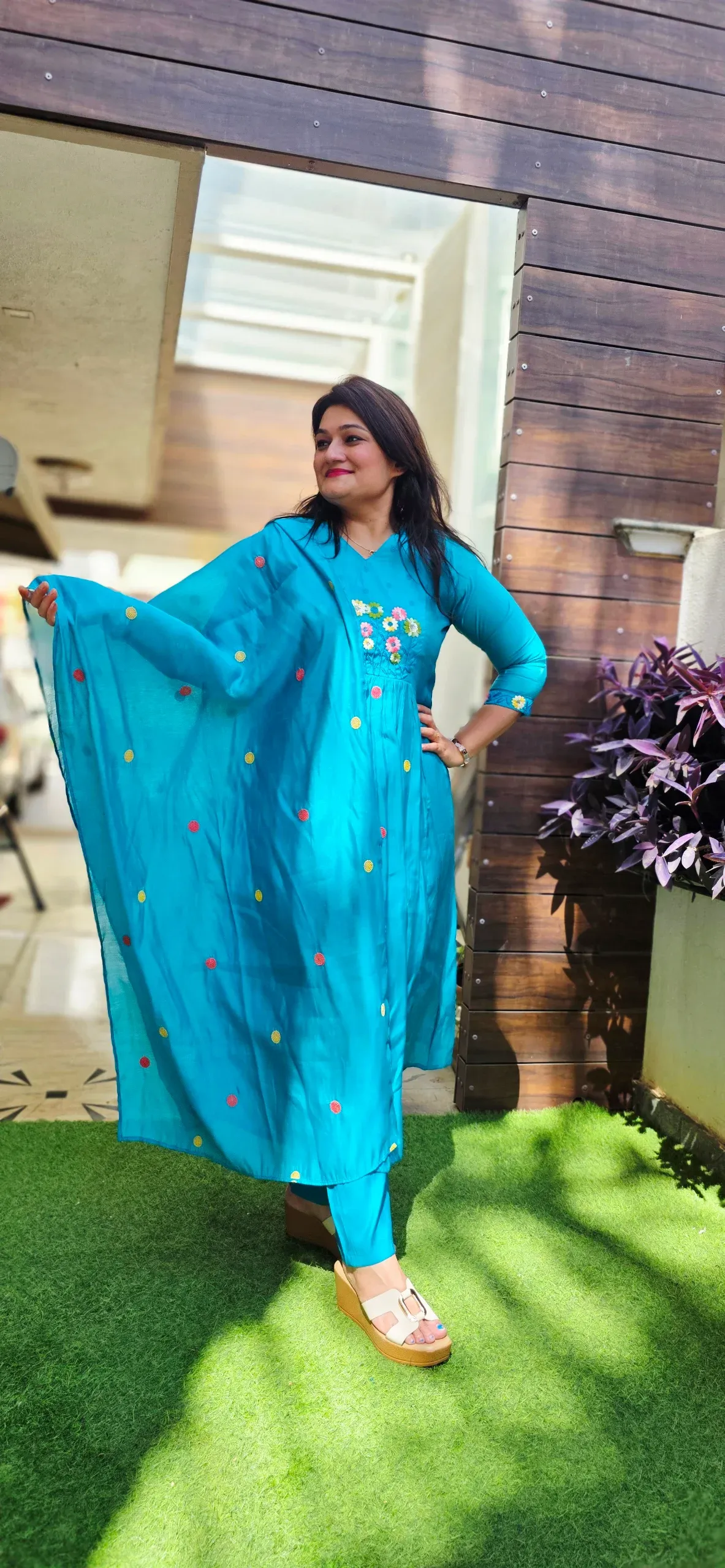 Blue A-line Floral Embroidered Dress