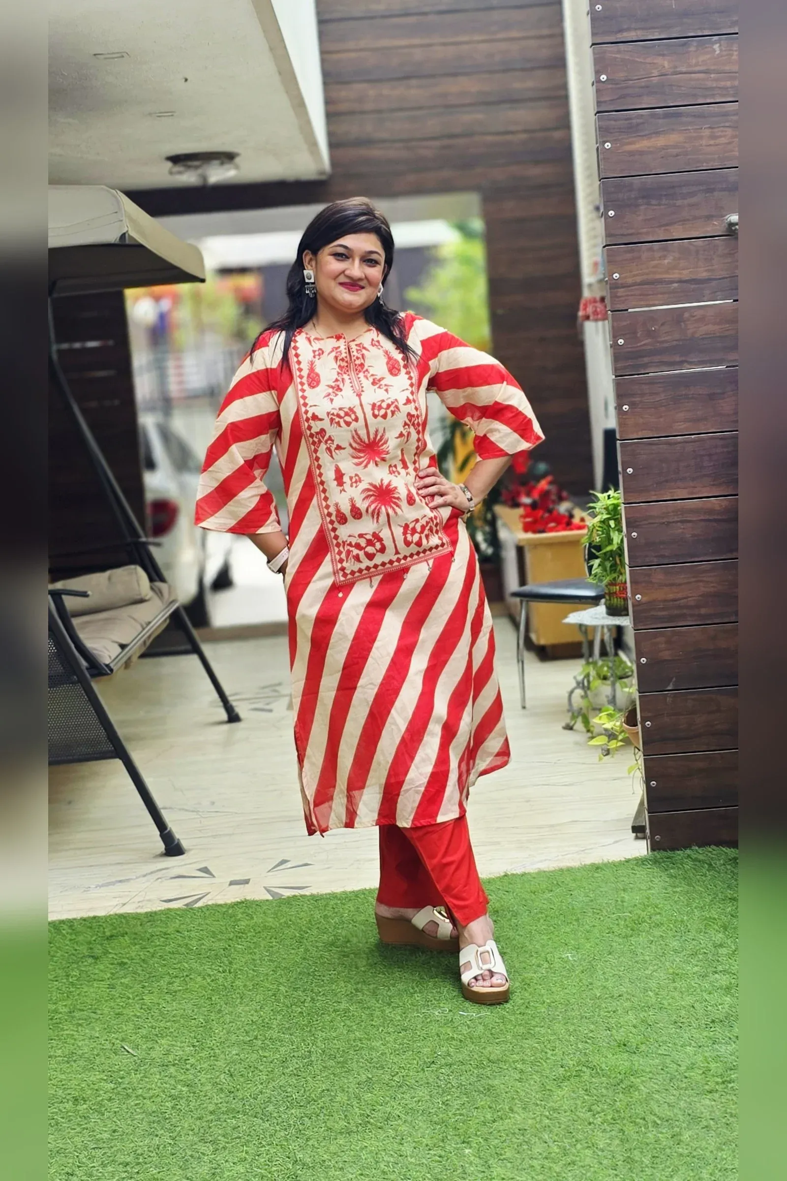 Red & White Striped Co-ord Set with Embroidered Yoke, photo 2