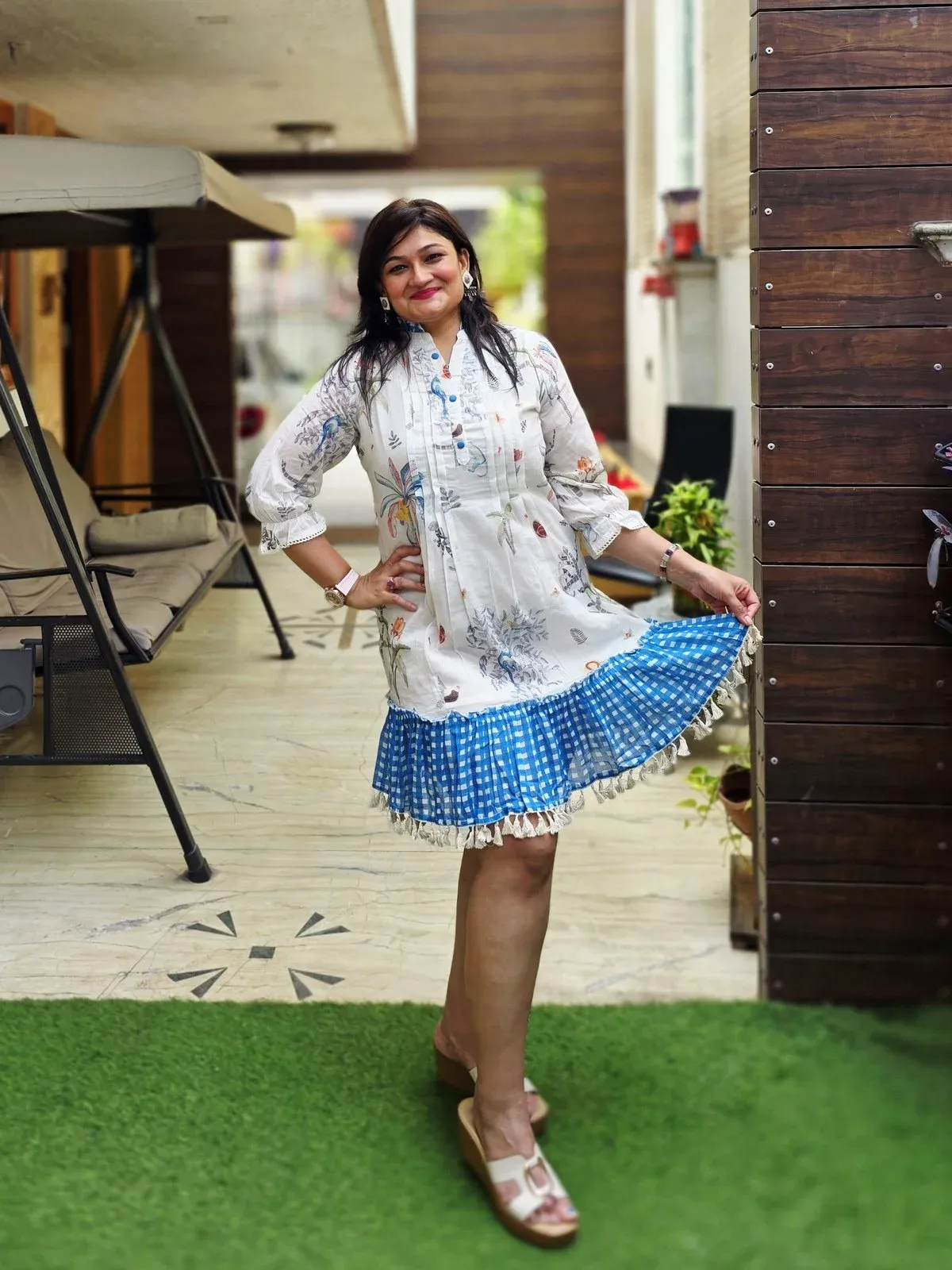 White & Blue Cotton Designer Dress, photo 2