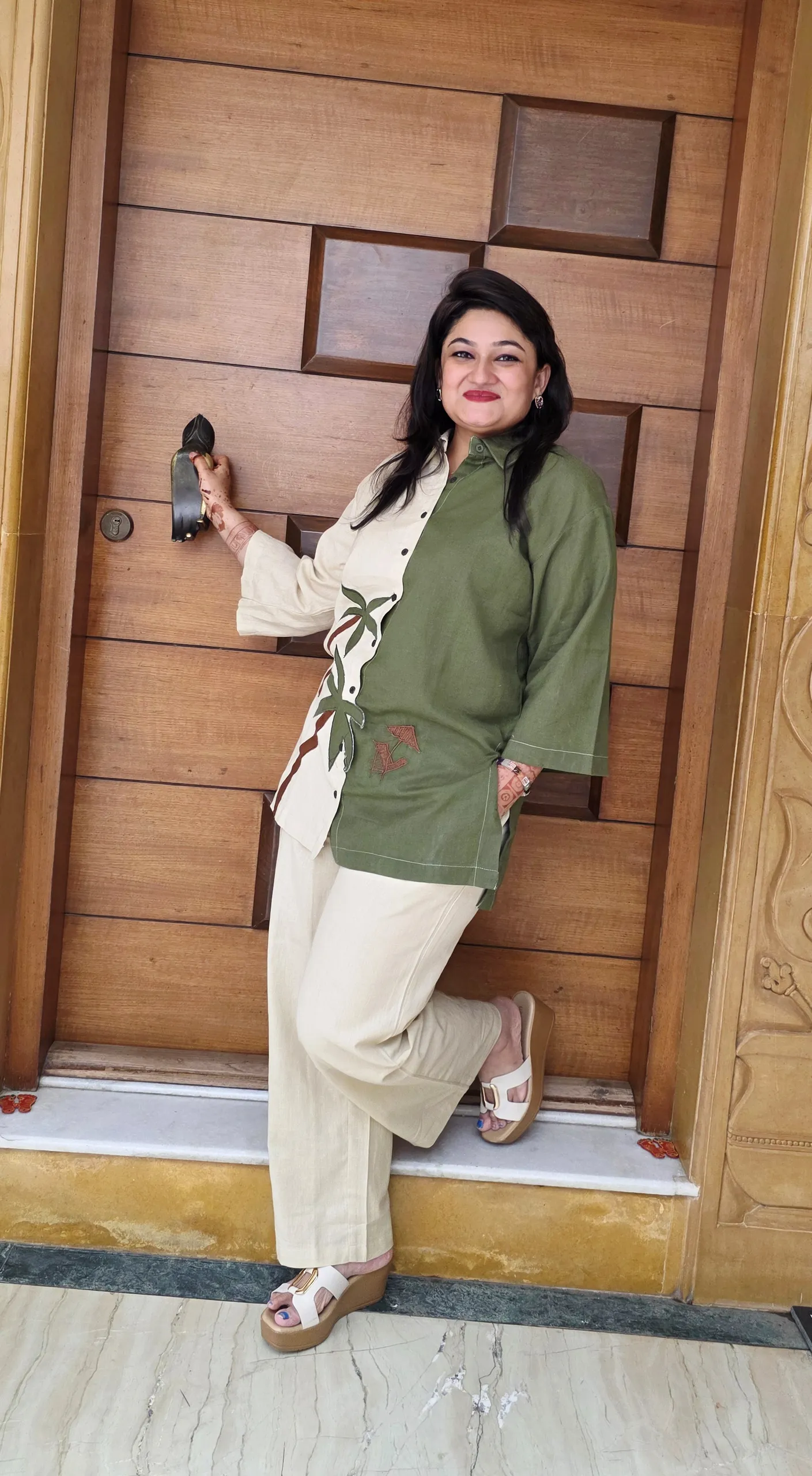 Beige & Green Coconut Tree Motifs Co-ord Set