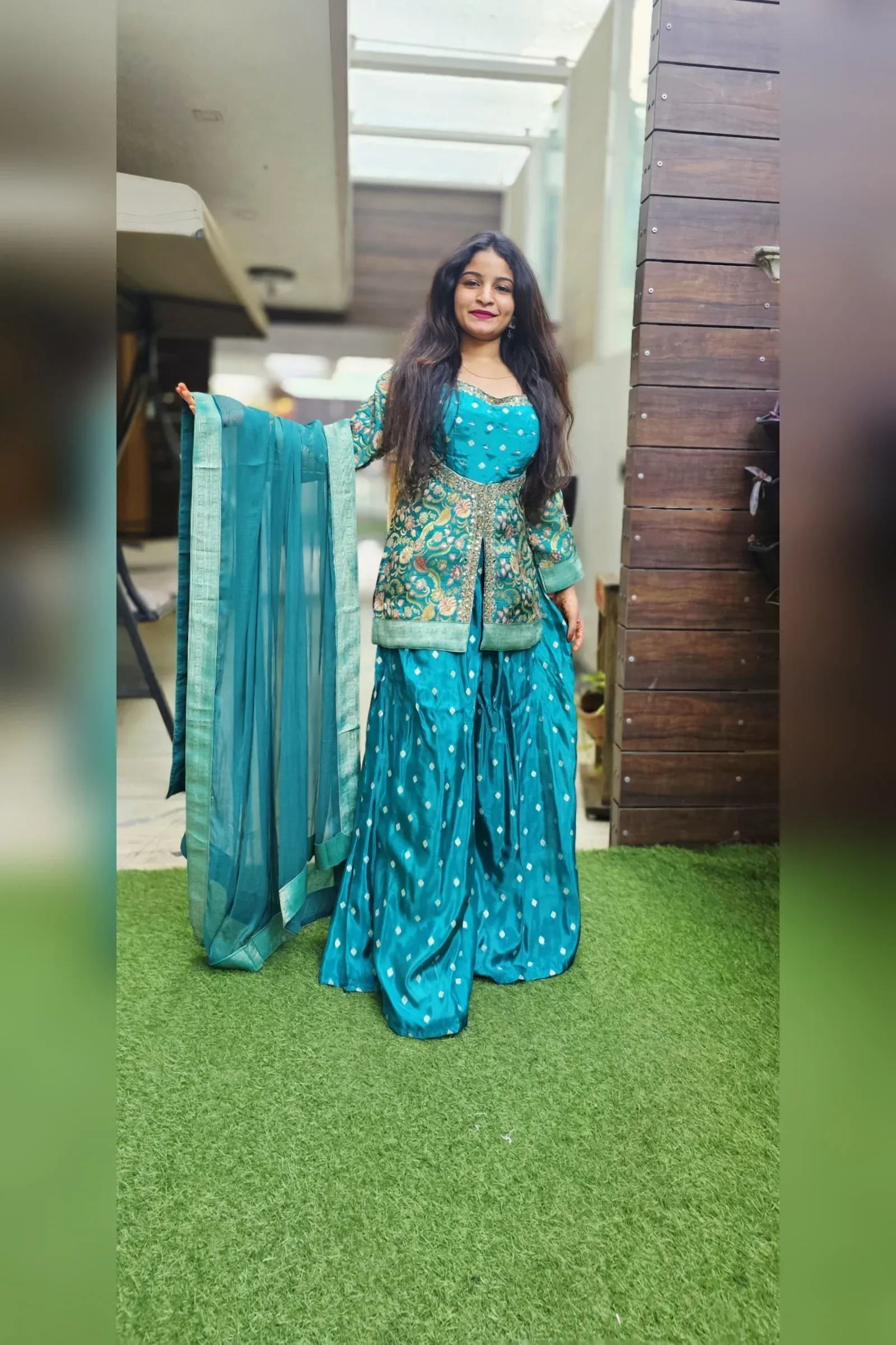 Rama Green Sharara Set with Embroidered Jacket, photo 2