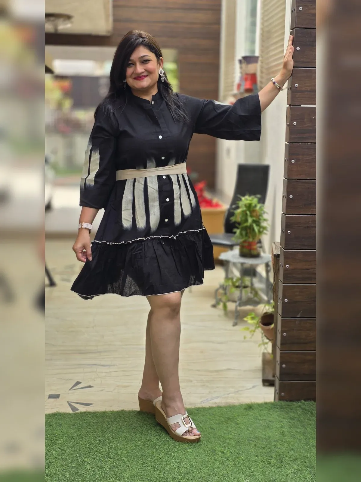 Black Tiered Shirt Dress with White Panel