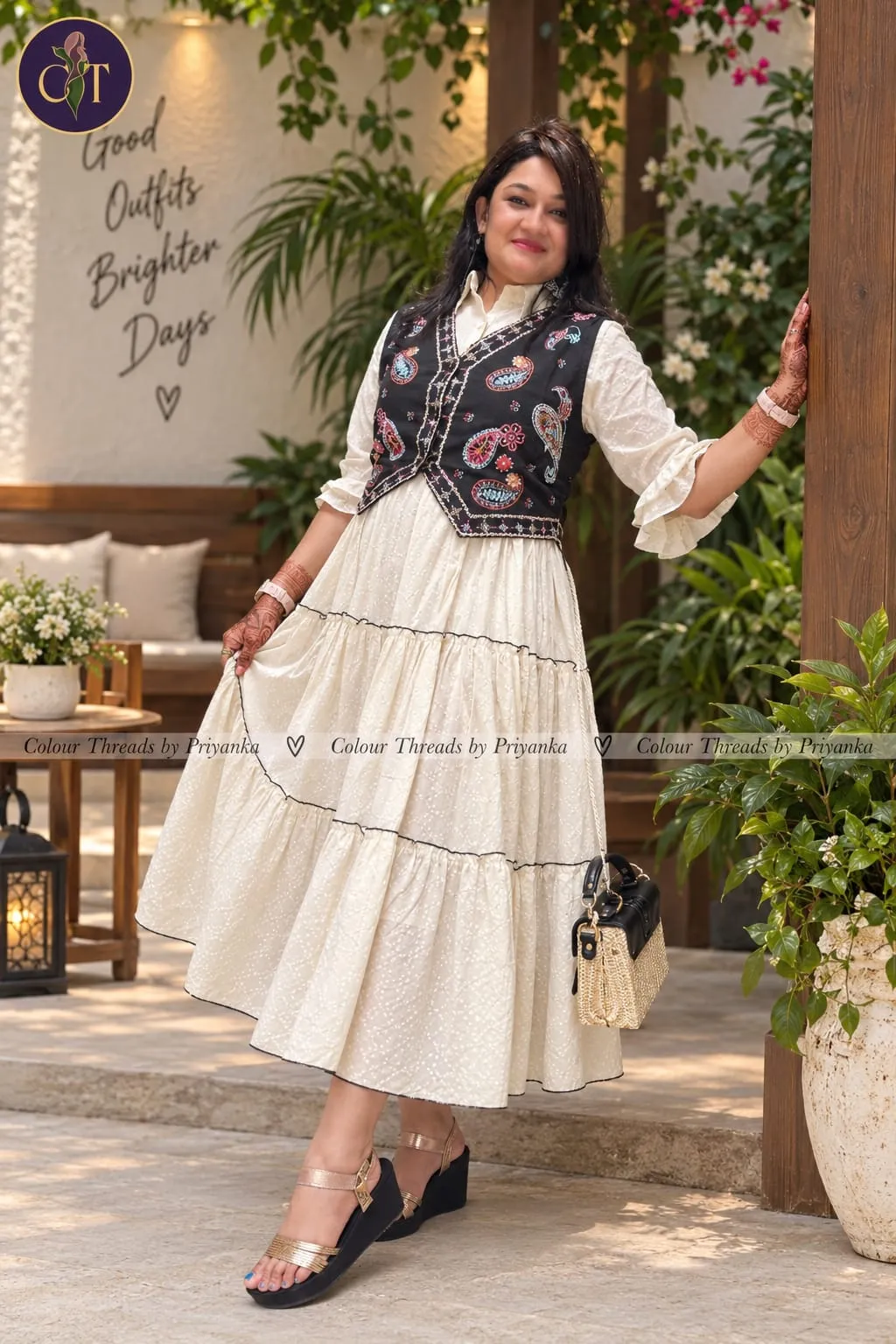 Cream Longline Dress with Embroidered Jacket