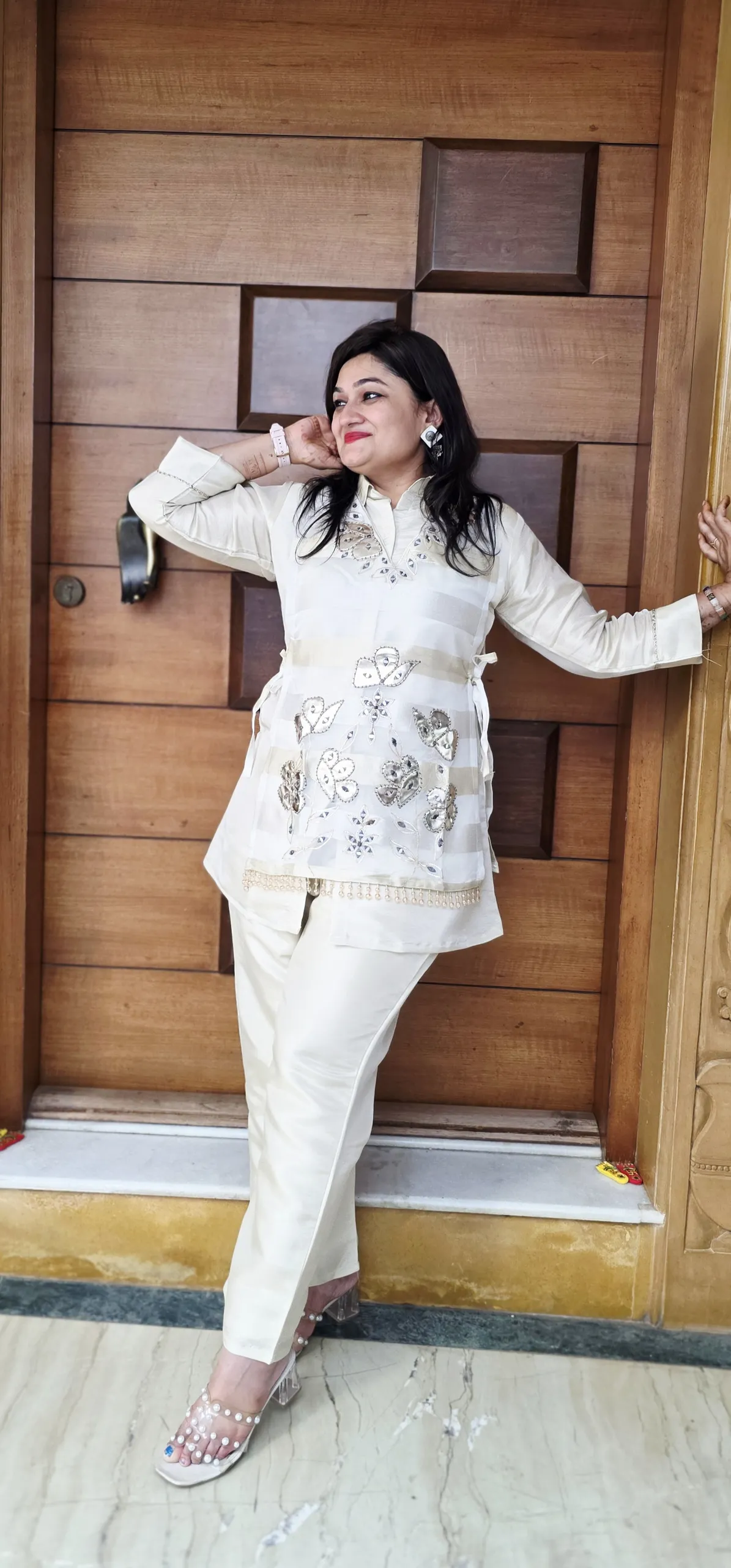Cream Indo-fusion Dress with Leather Work, photo 3
