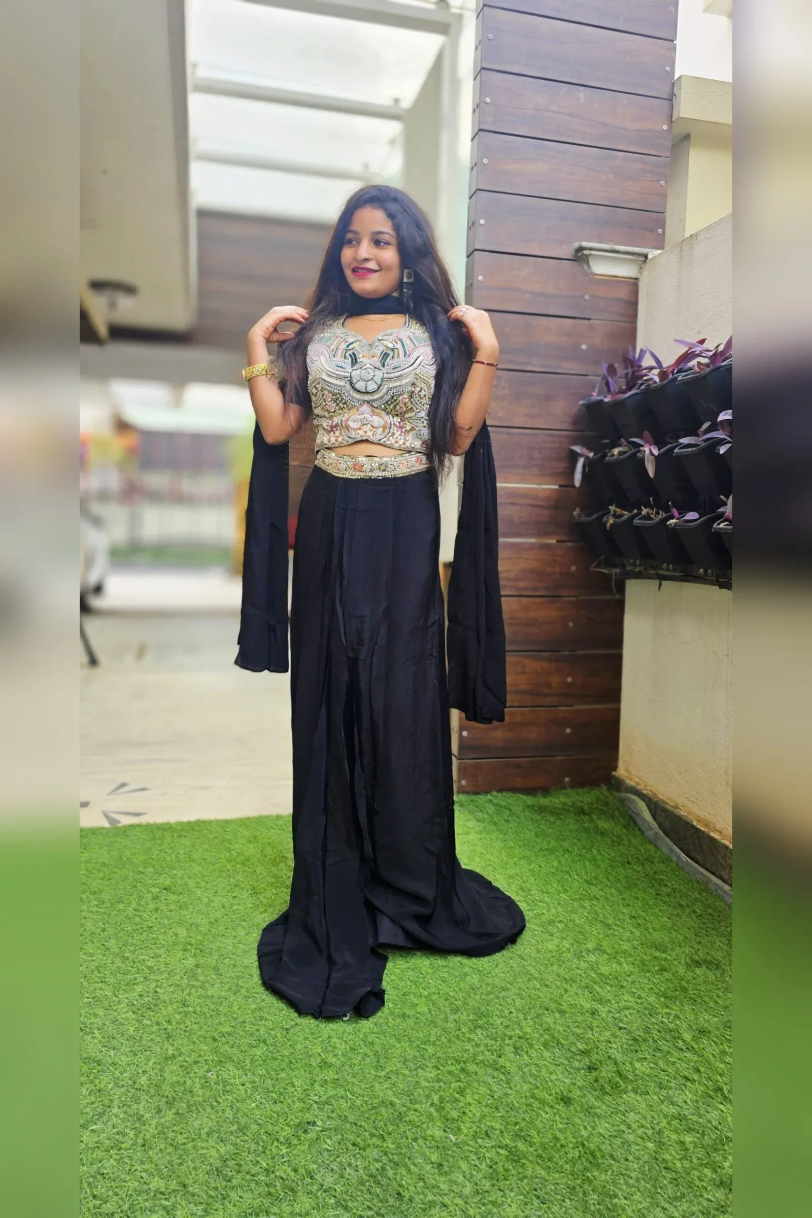 Black Skirt Set with Embroidered Crop Top, photo 2