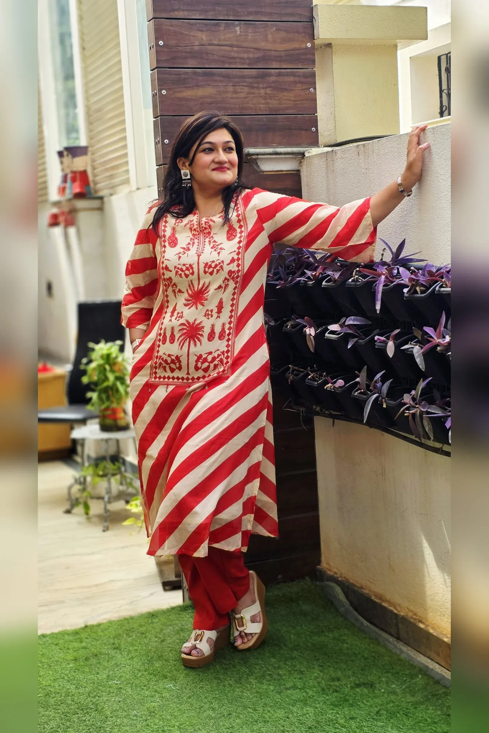 Red & White Striped Co-ord Set with Embroidered Yoke, photo 3
