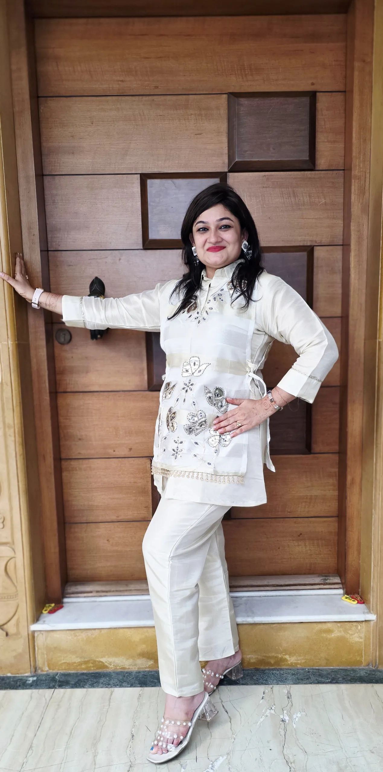 Cream Indo-fusion Dress with Leather Work, photo 2