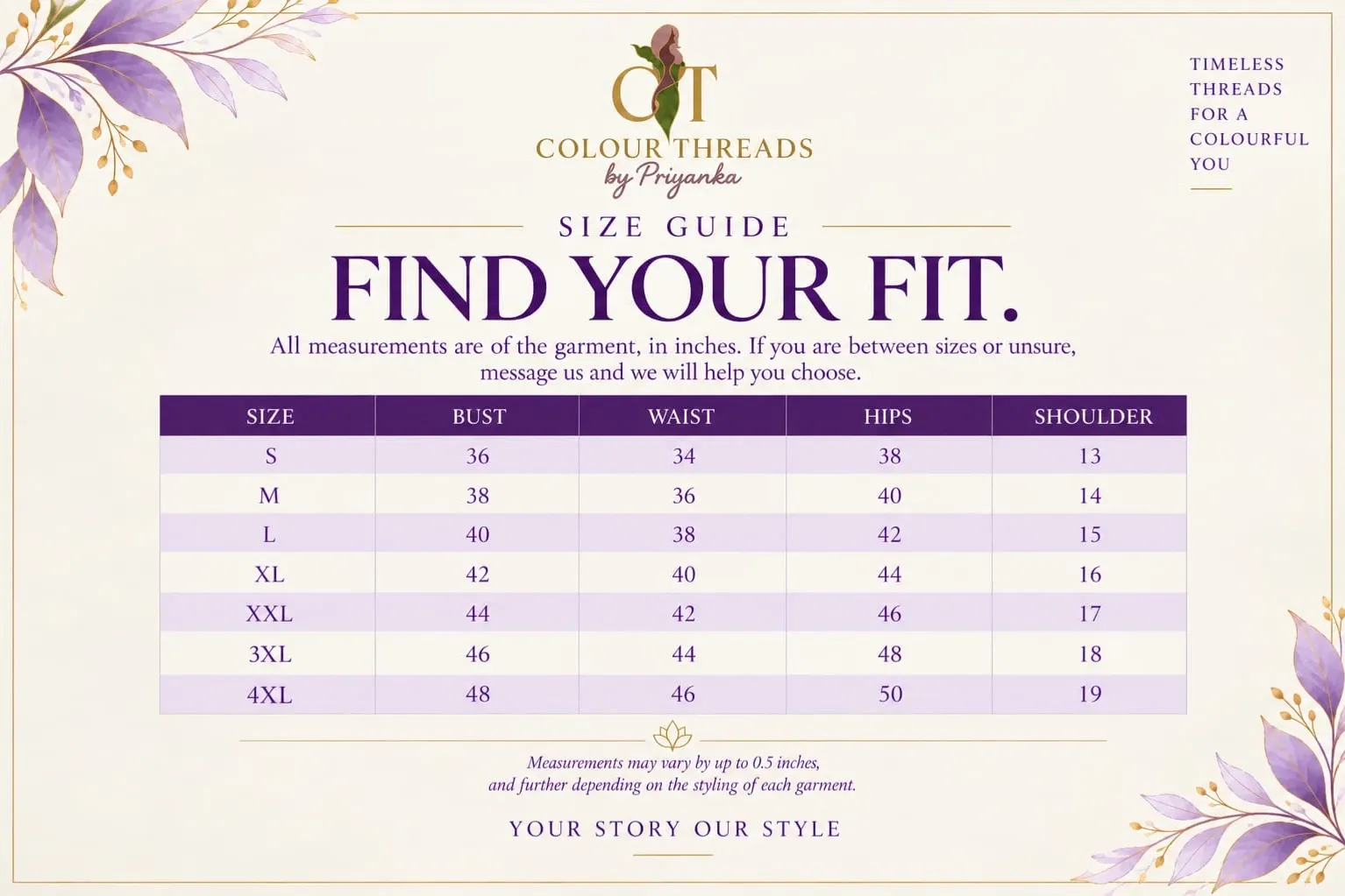 Size chart in inches