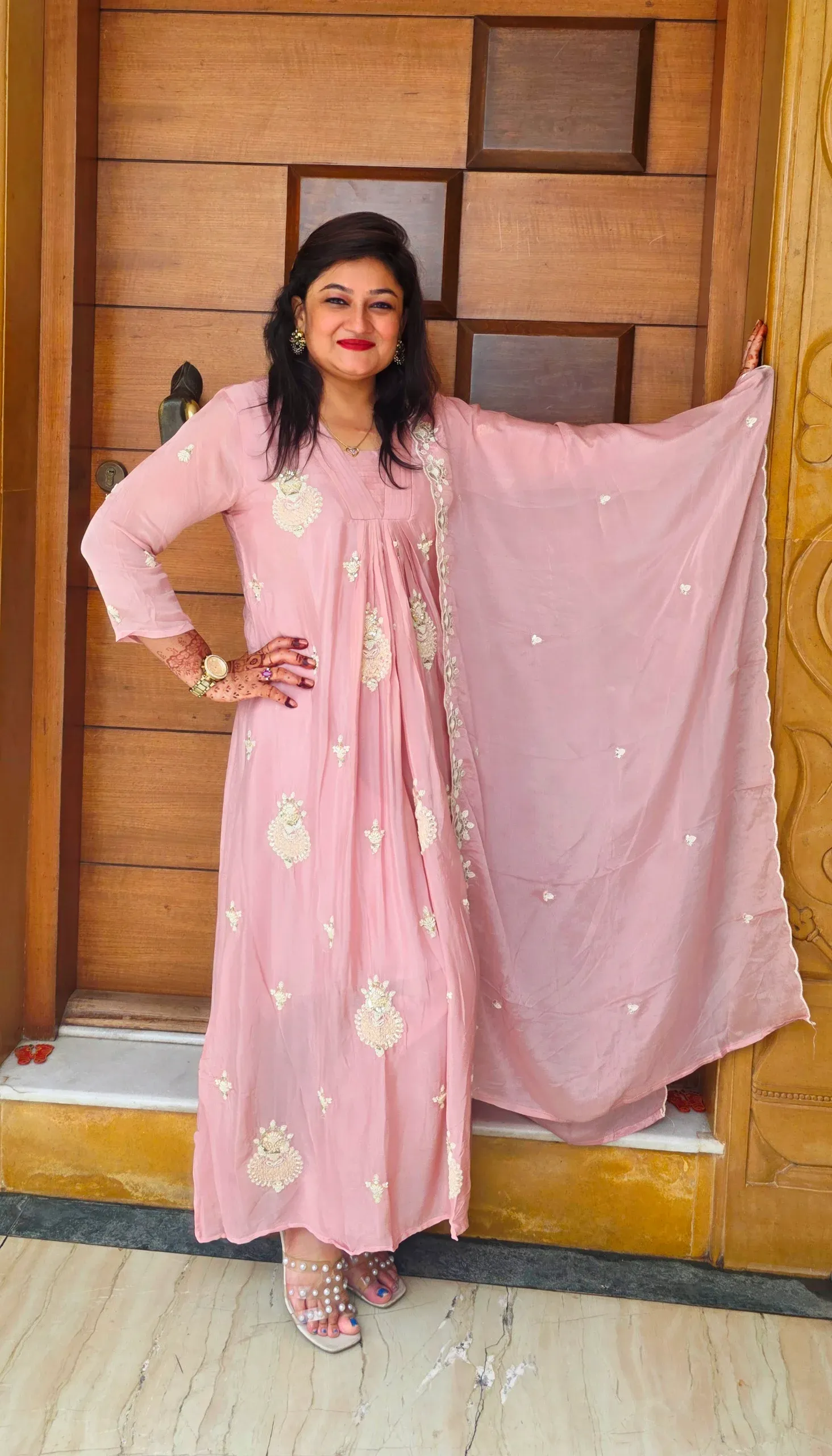 Light Pink A-line Dress with Pearl Work