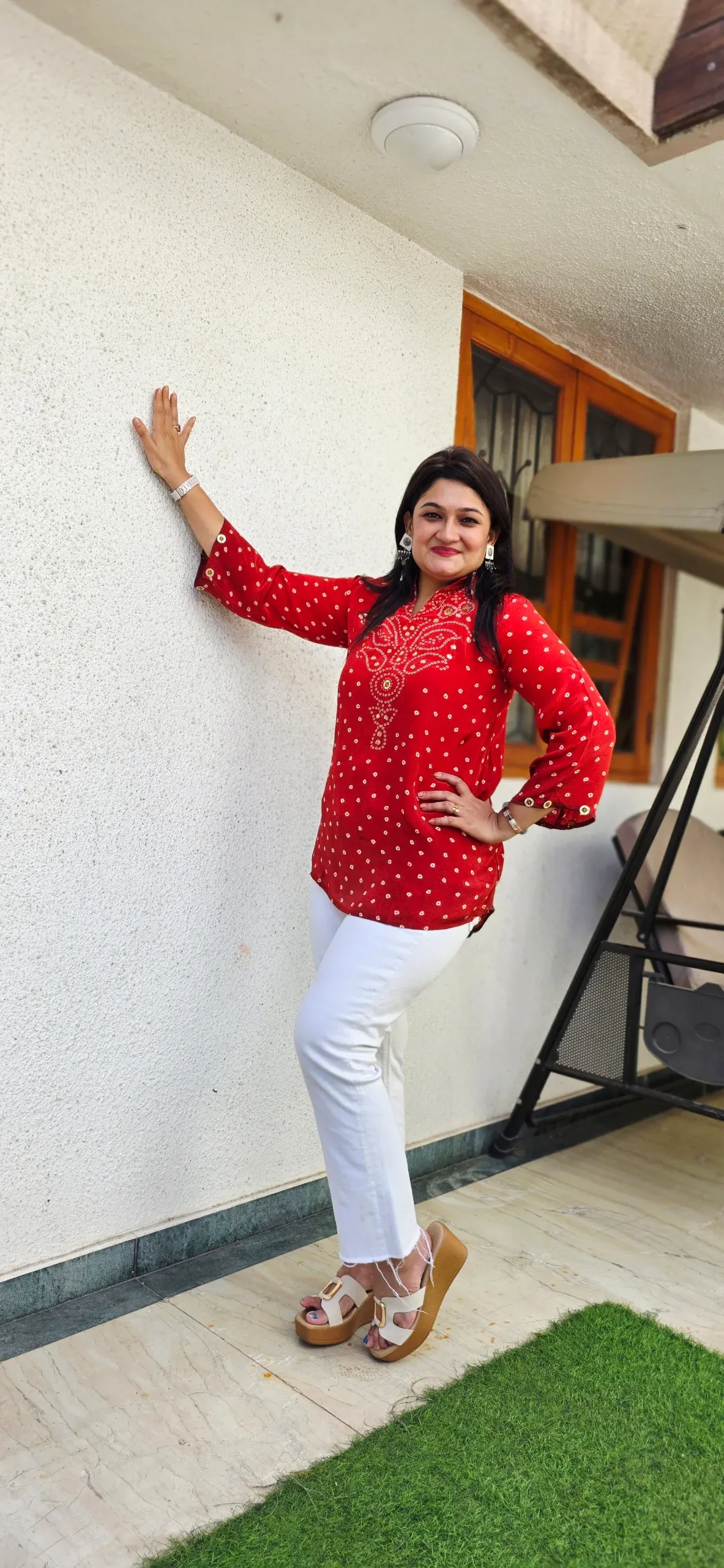 Red Bandhej Coin Work Shirt