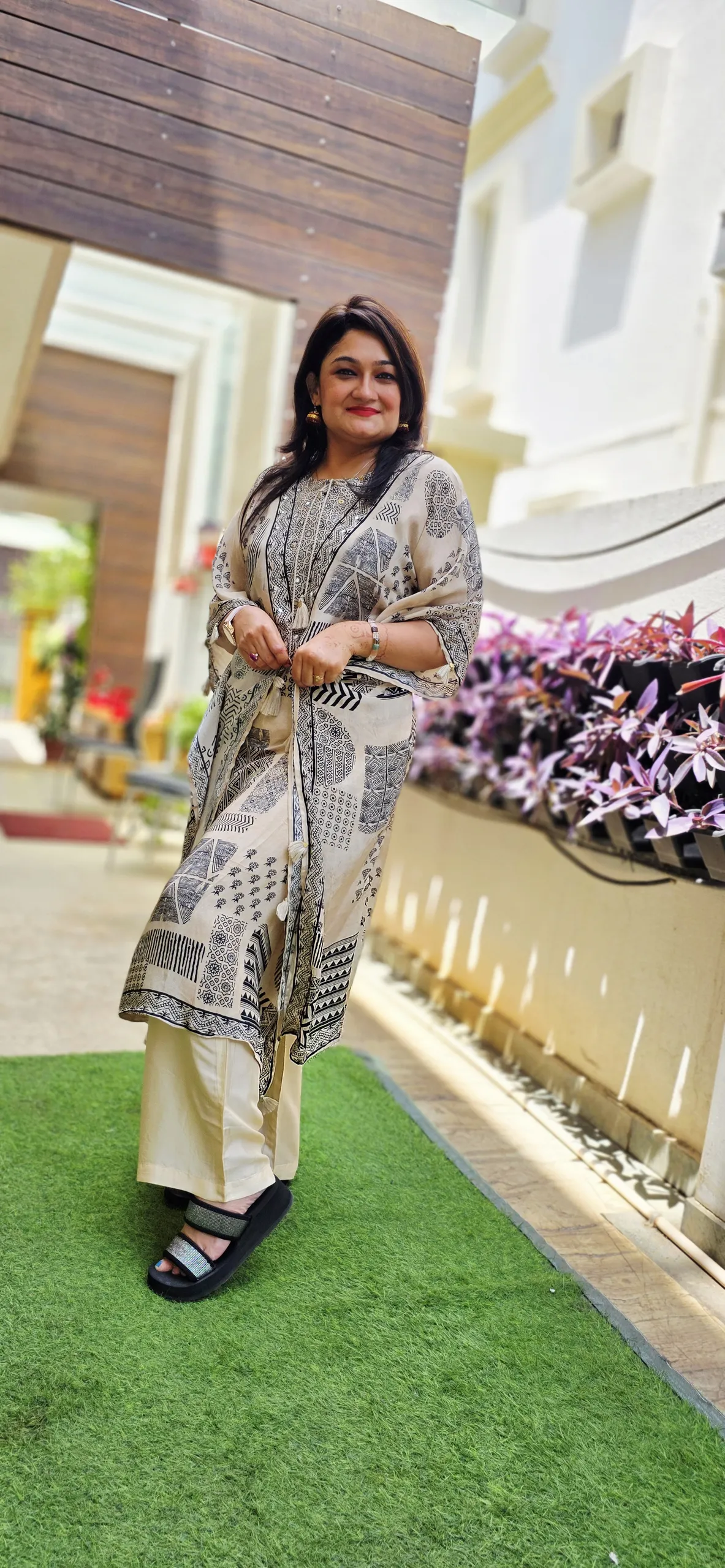 Beige Printed Pure Crepe Kaftan Dress