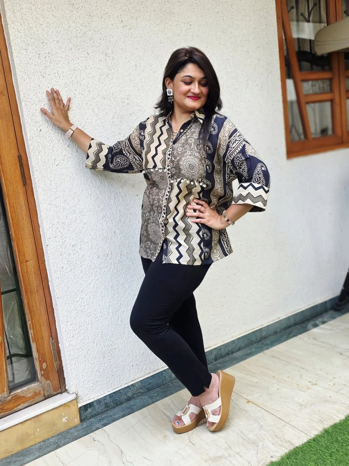 Black & Beige Printed Cotton Shirt