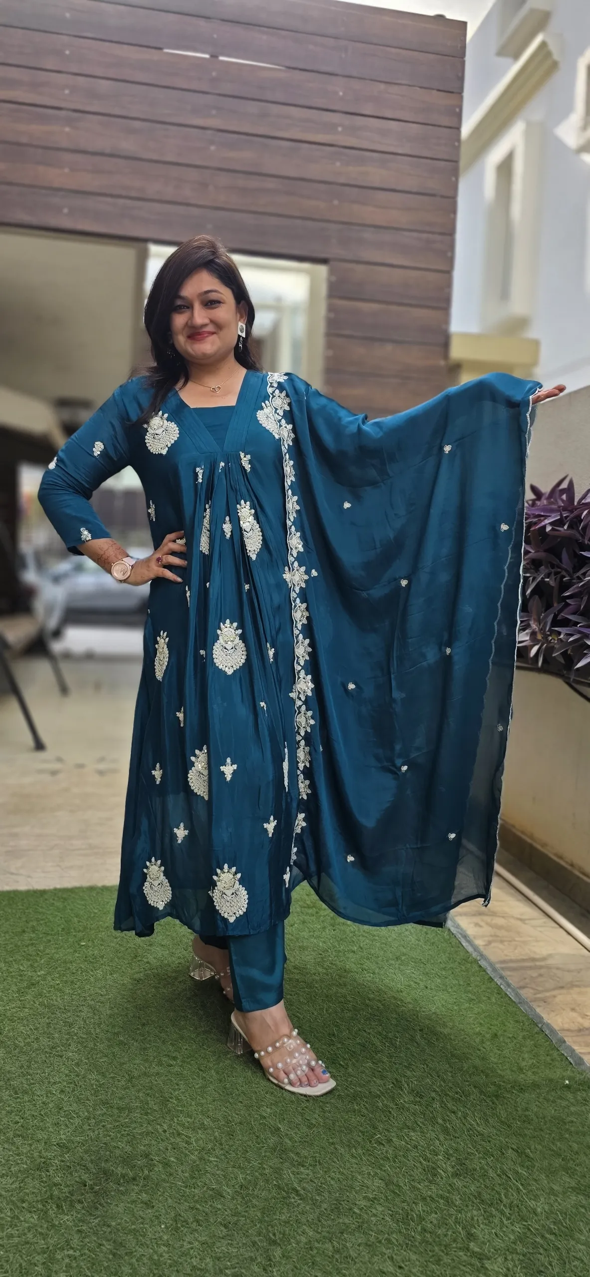 Blue A-line Pearl Work Festive Dress, photo 2