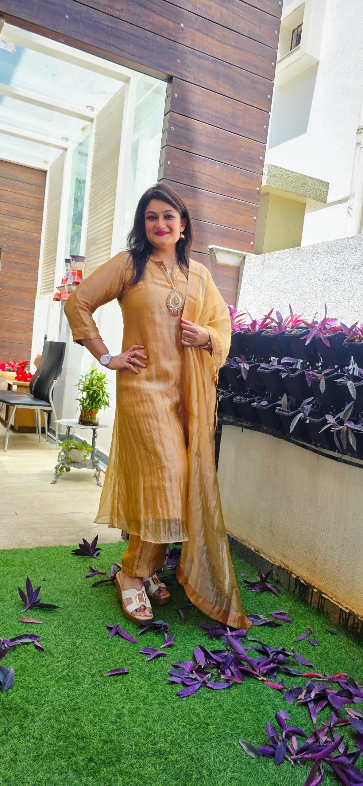 Golden Pure Tissue Dress with Handwork