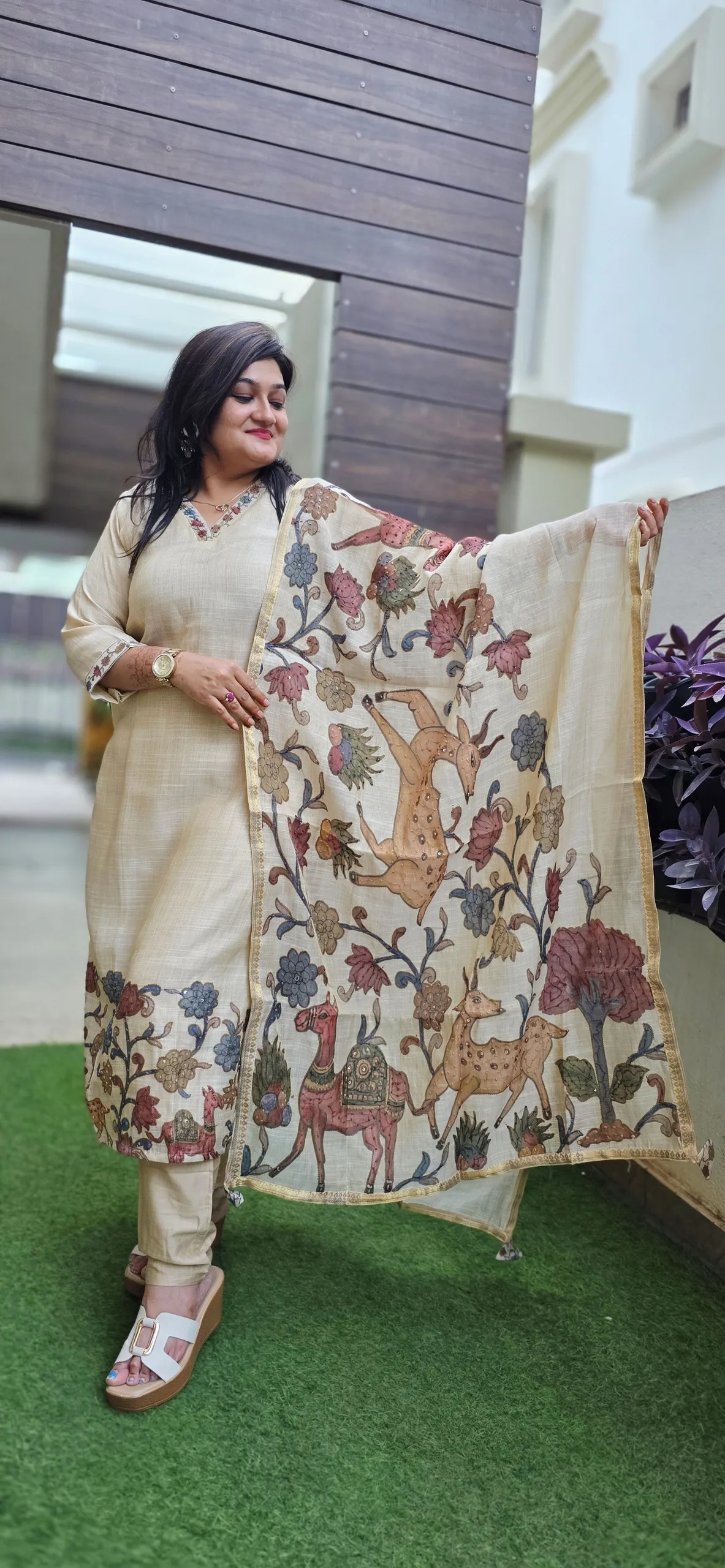 Beige Cotton Casual Dress with Kalamkari Dupatta, photo 4