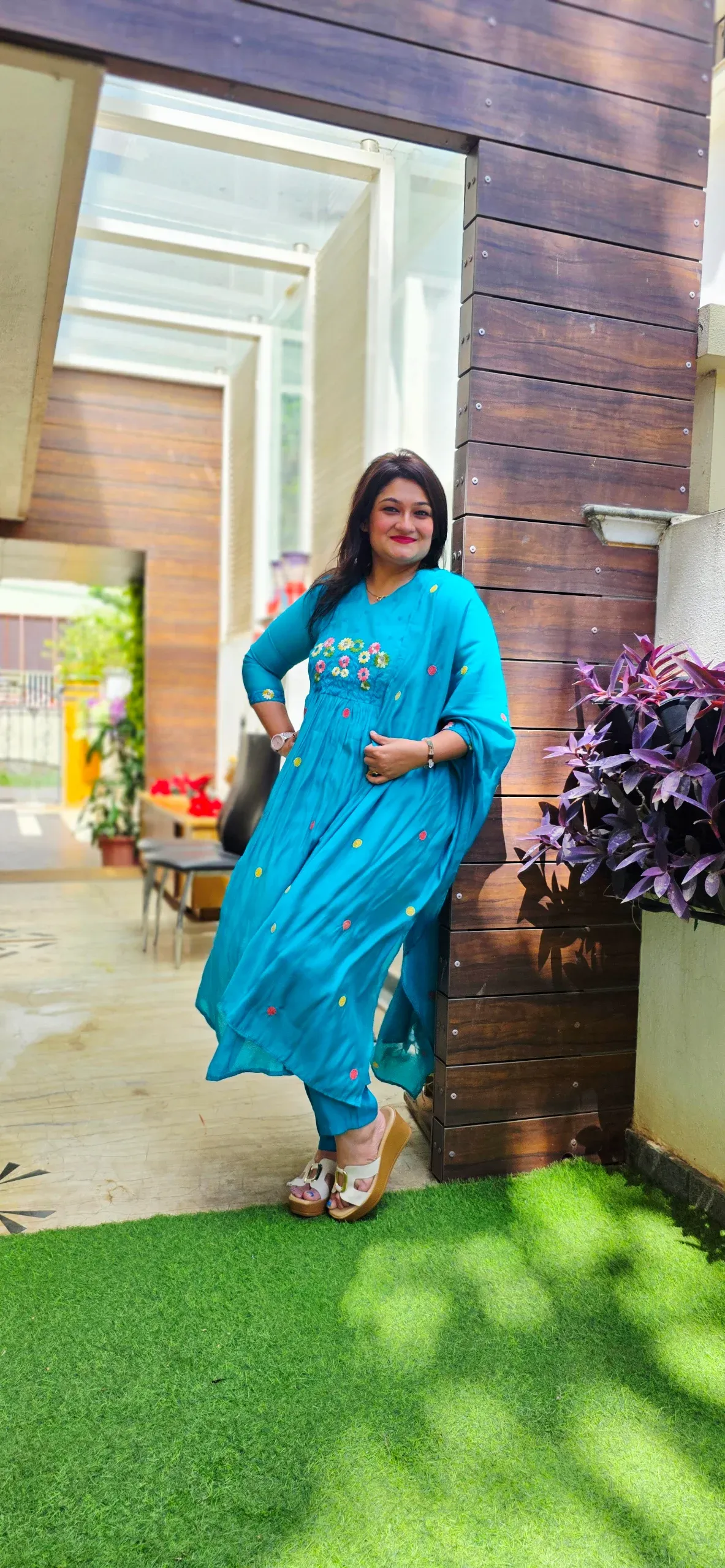Blue A-line Floral Embroidered Dress, photo 4
