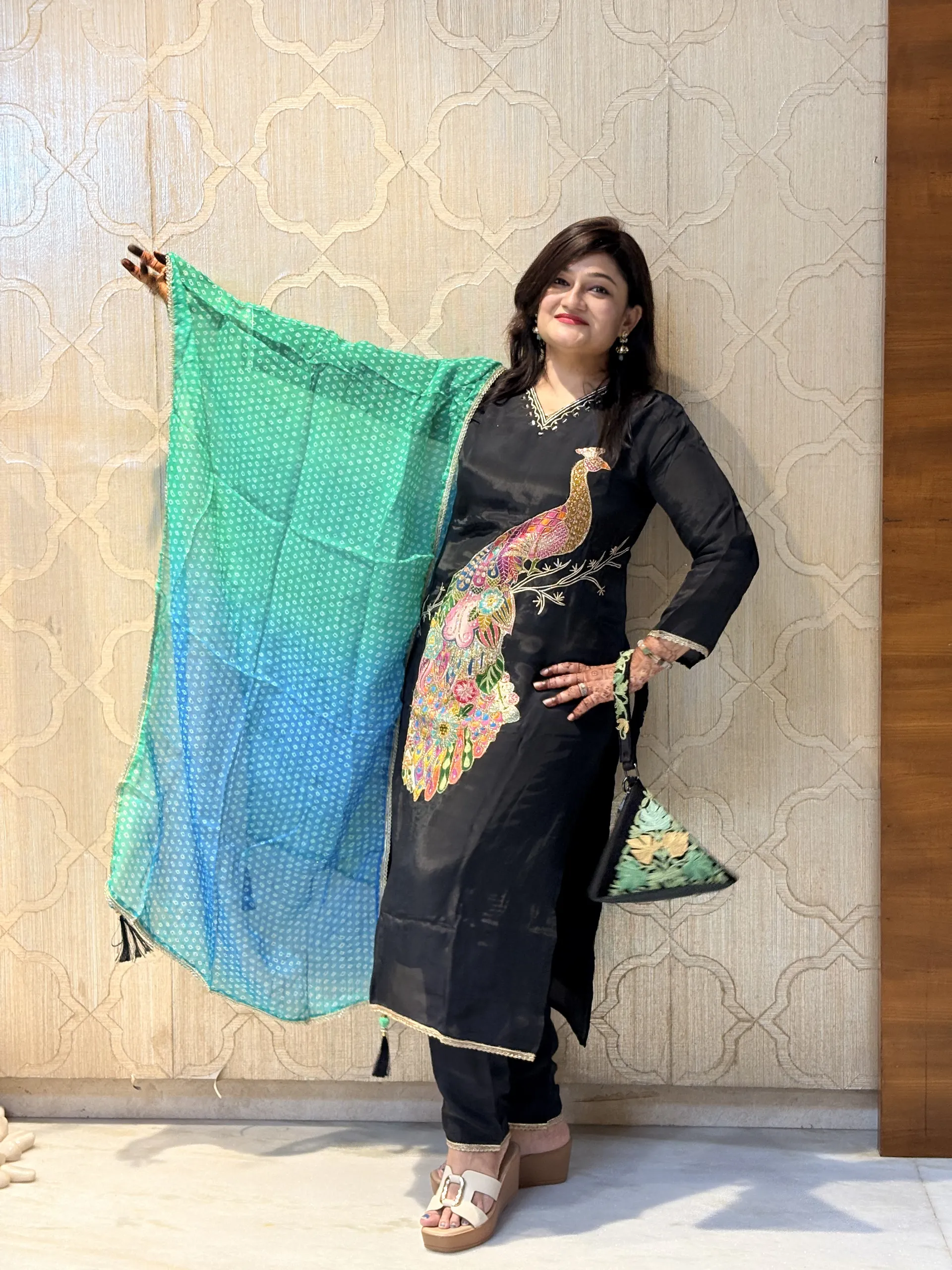 Black Festive Dress with a Peacock