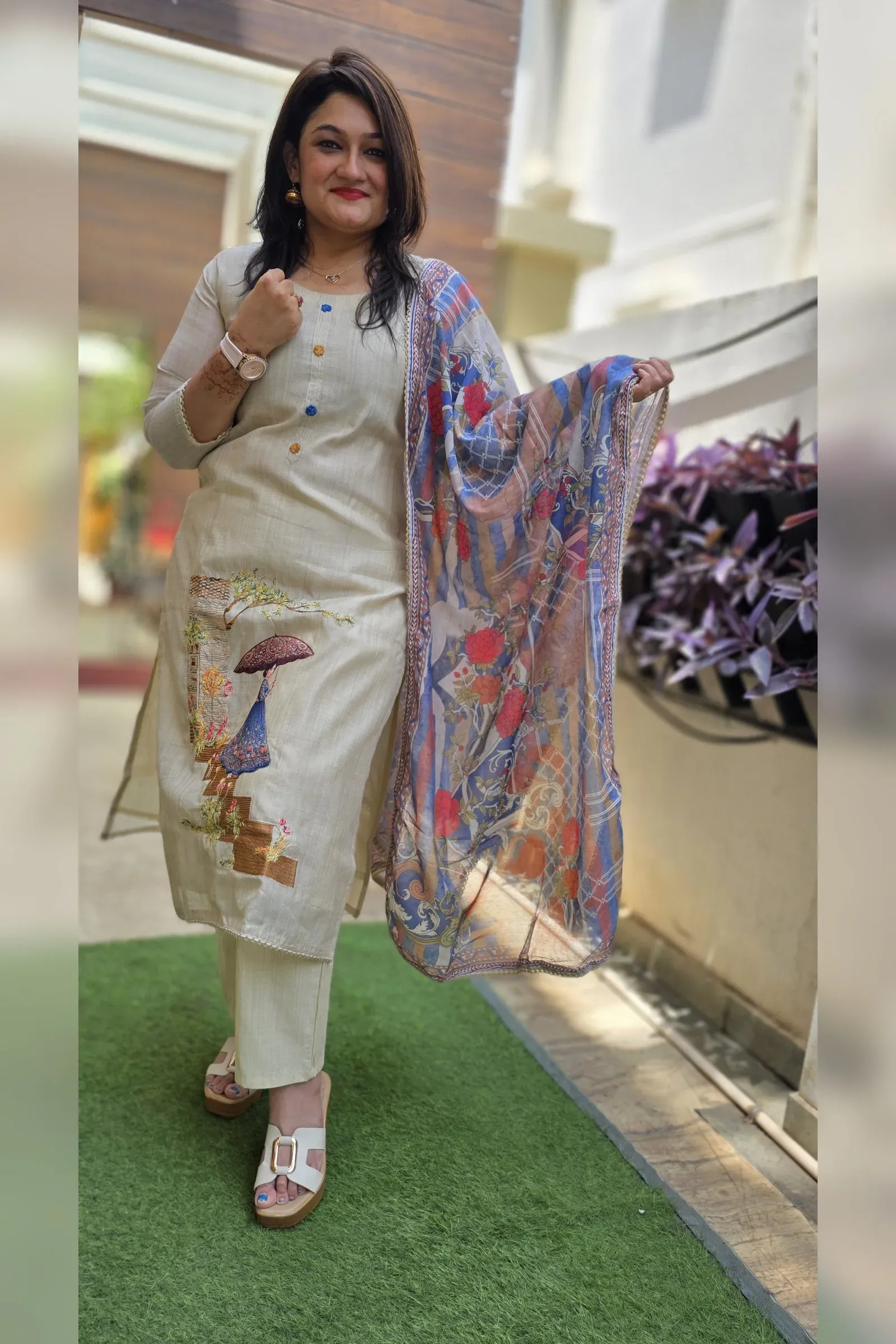 Beige Umbrella Lady Embroidered Dress