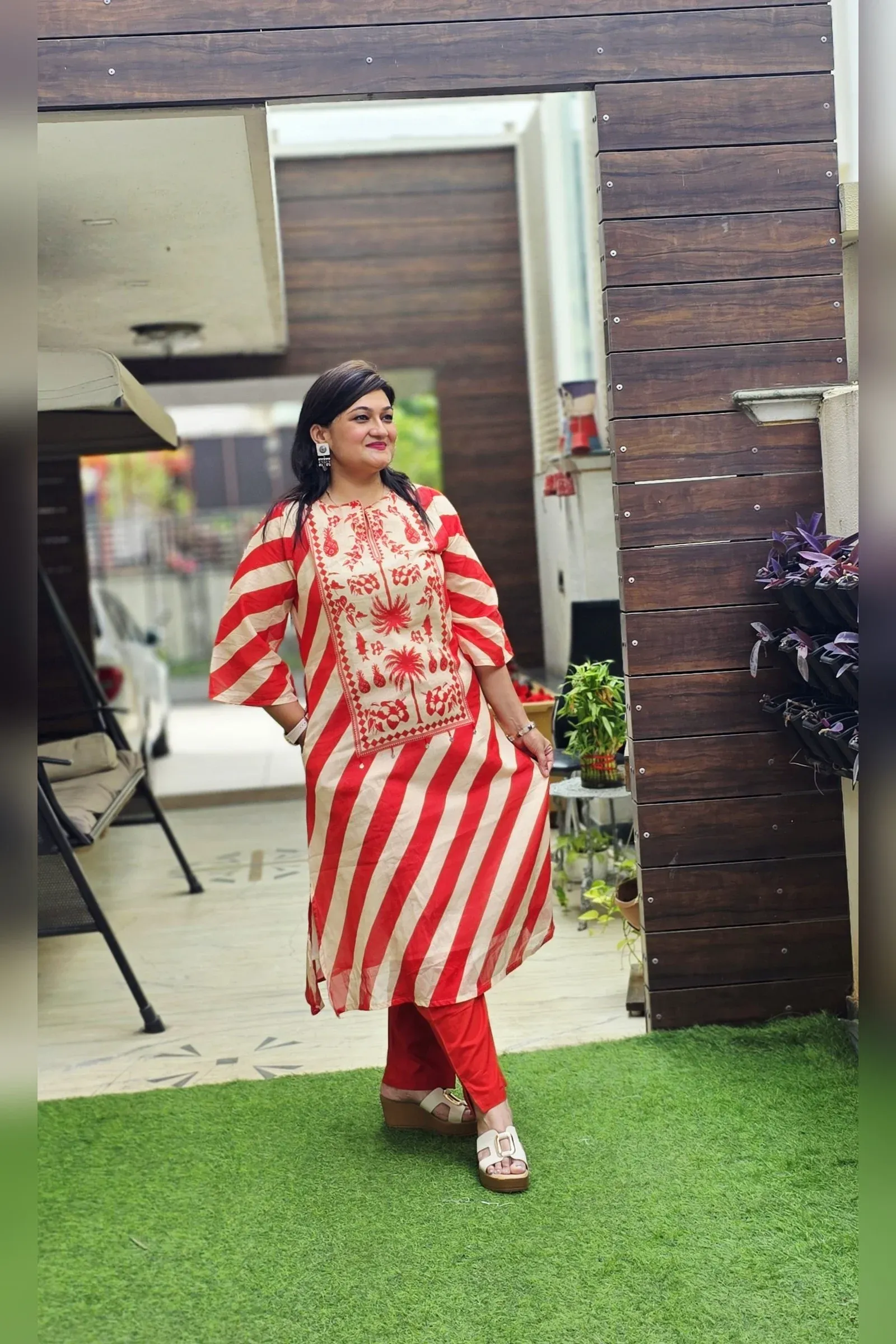 Red & White Striped Co-ord Set with Embroidered Yoke