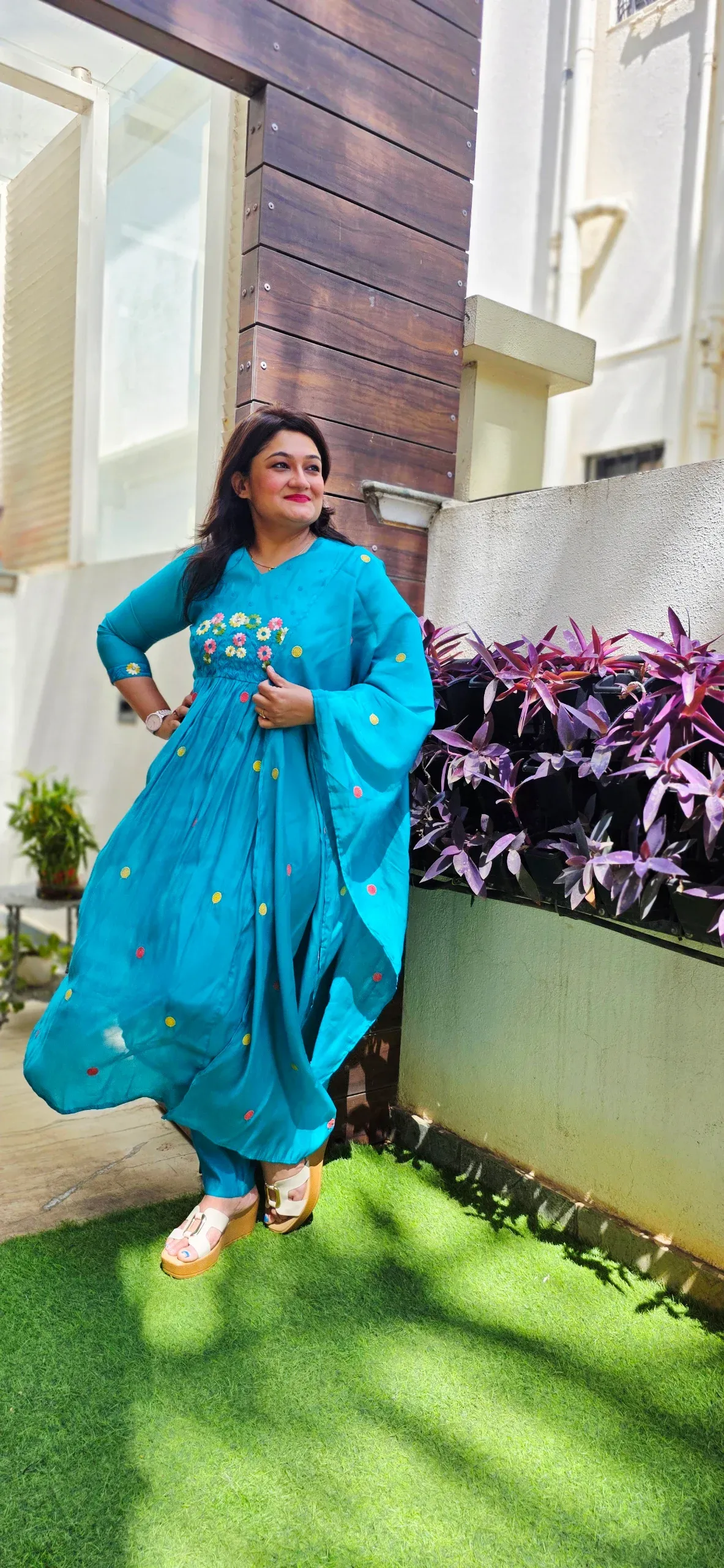 Blue A-line Floral Embroidered Dress, photo 2
