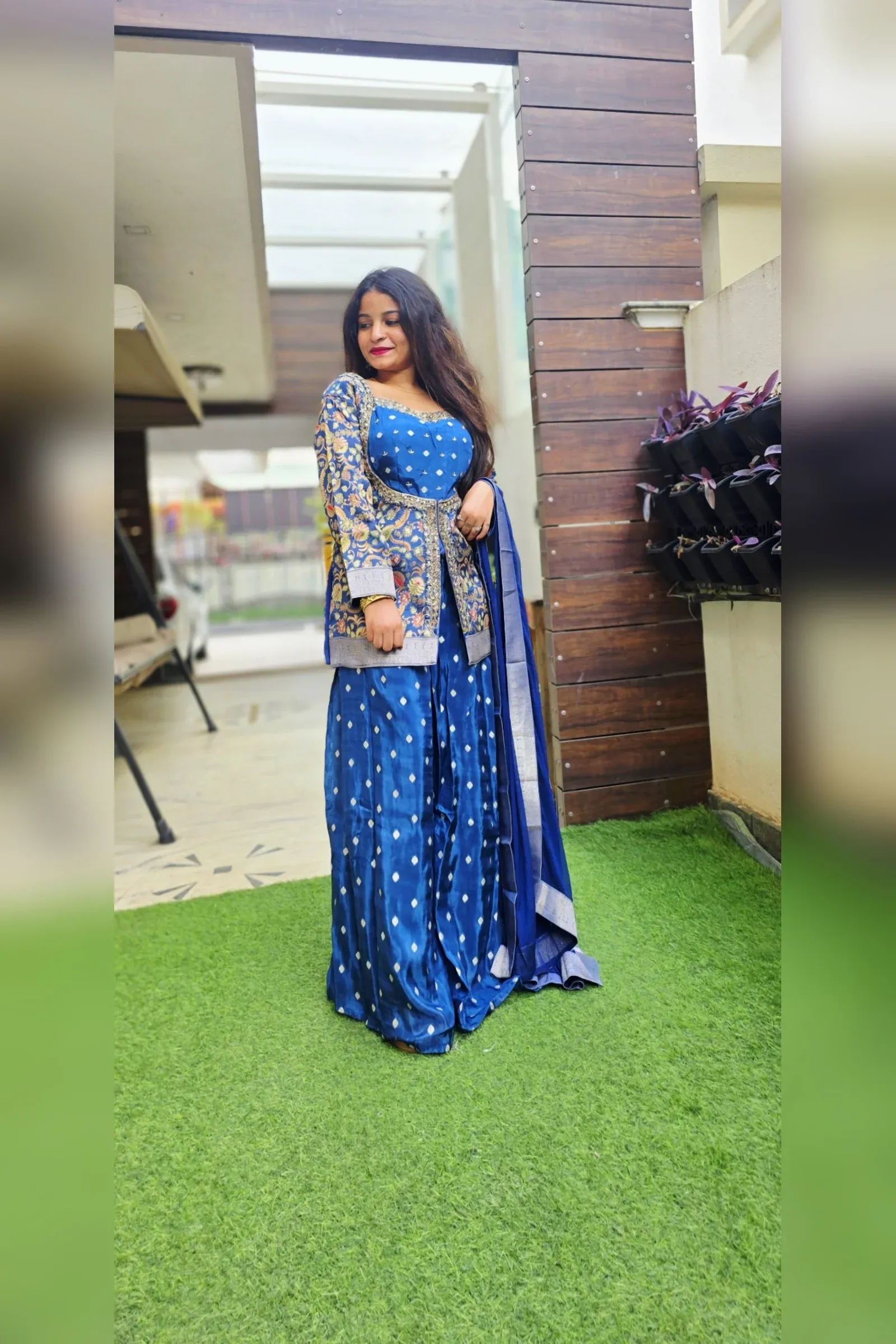 Blue Printed Sharara Set with Embroidered Jacket, photo 3
