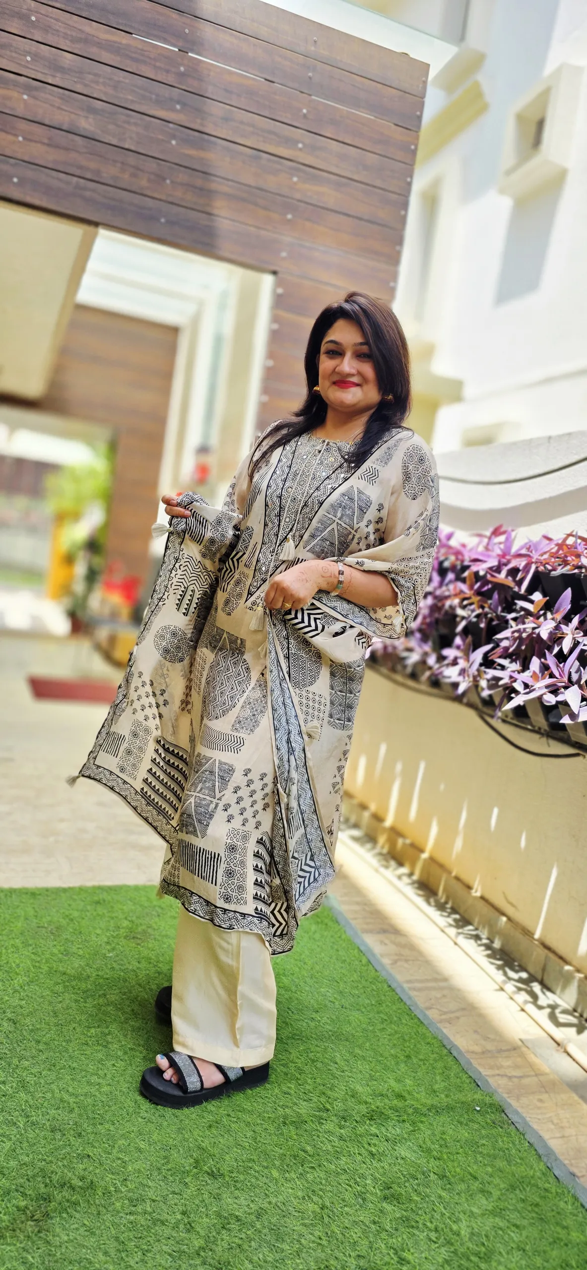 Beige Printed Pure Crepe Kaftan Dress, photo 3