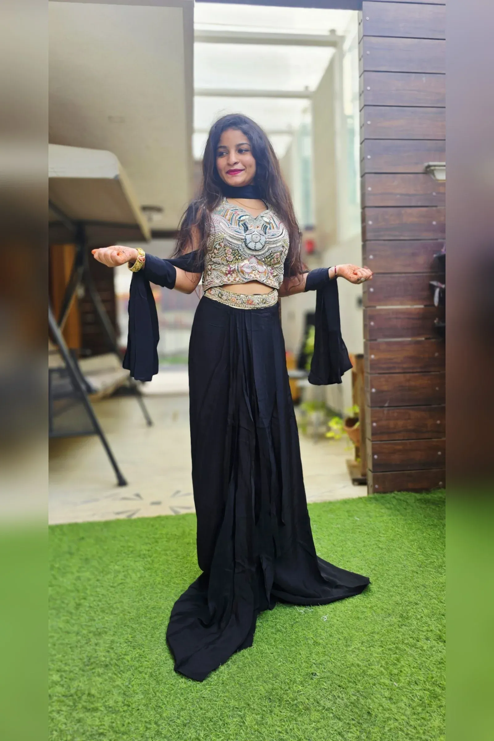 Black Skirt Set with Embroidered Crop Top, photo 5