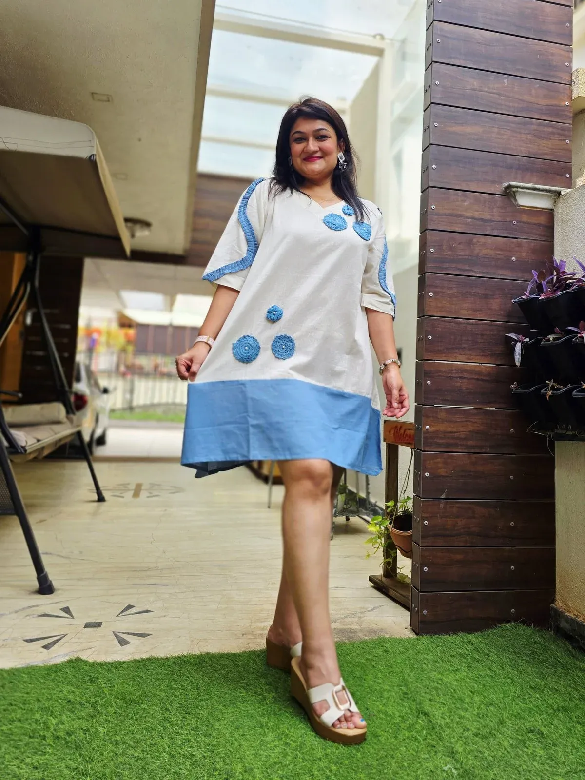 White Polka Dress with Blue Hem