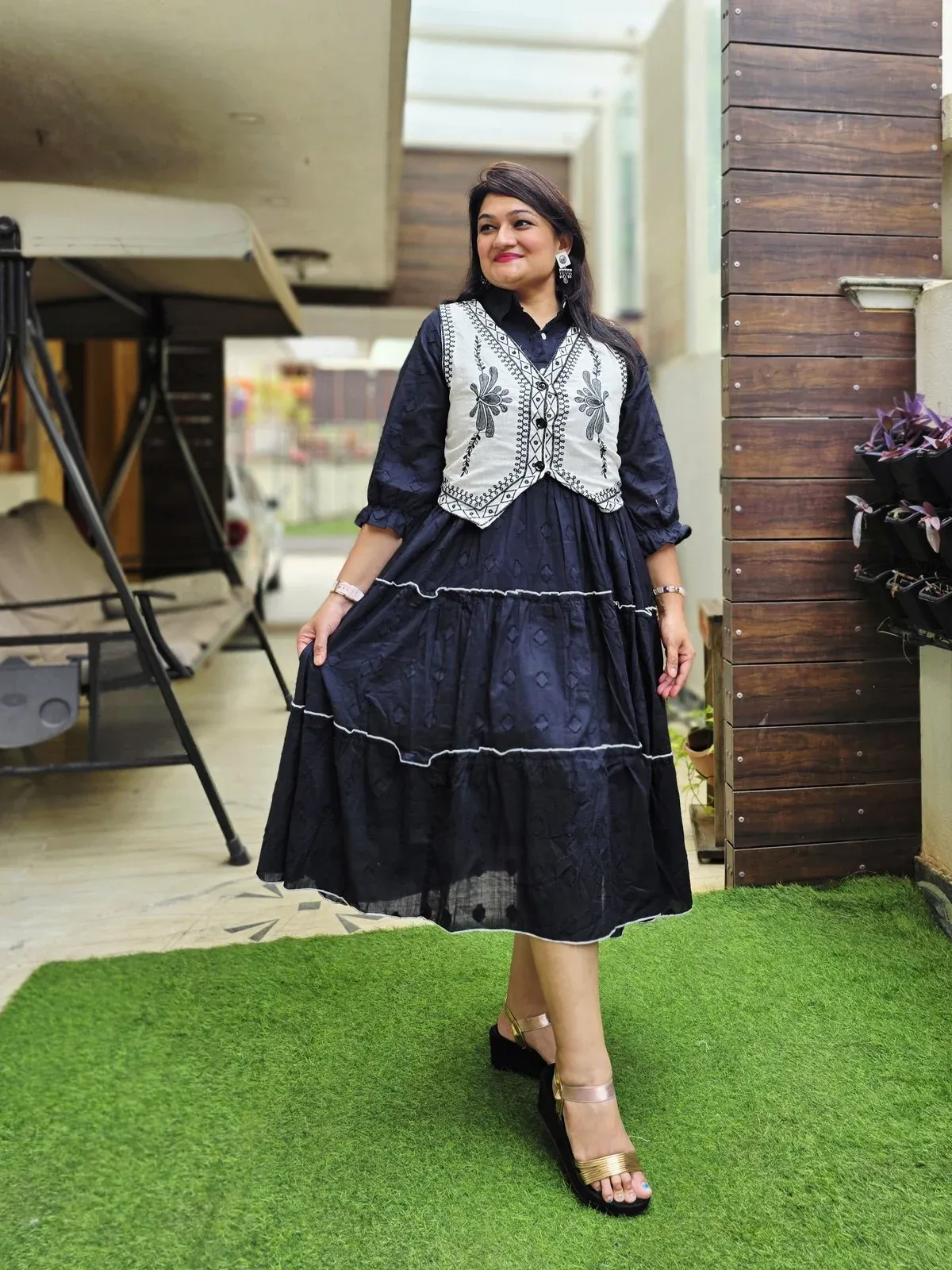 Navy Cotton Dress with Embroidered Jacket