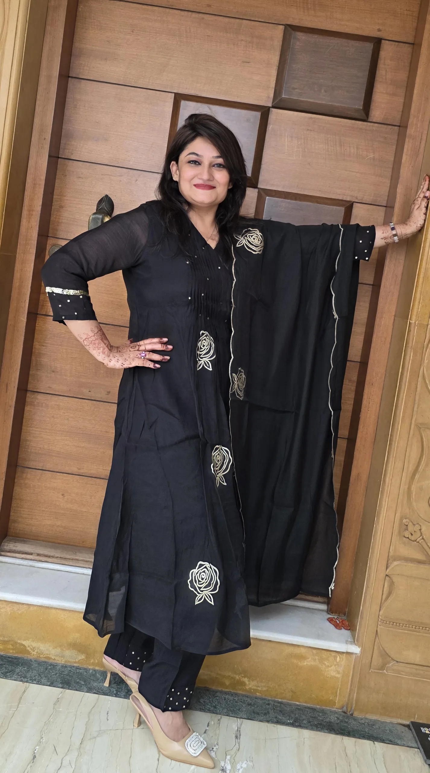 Black Mul Chanderi Dress with Flower Motifs