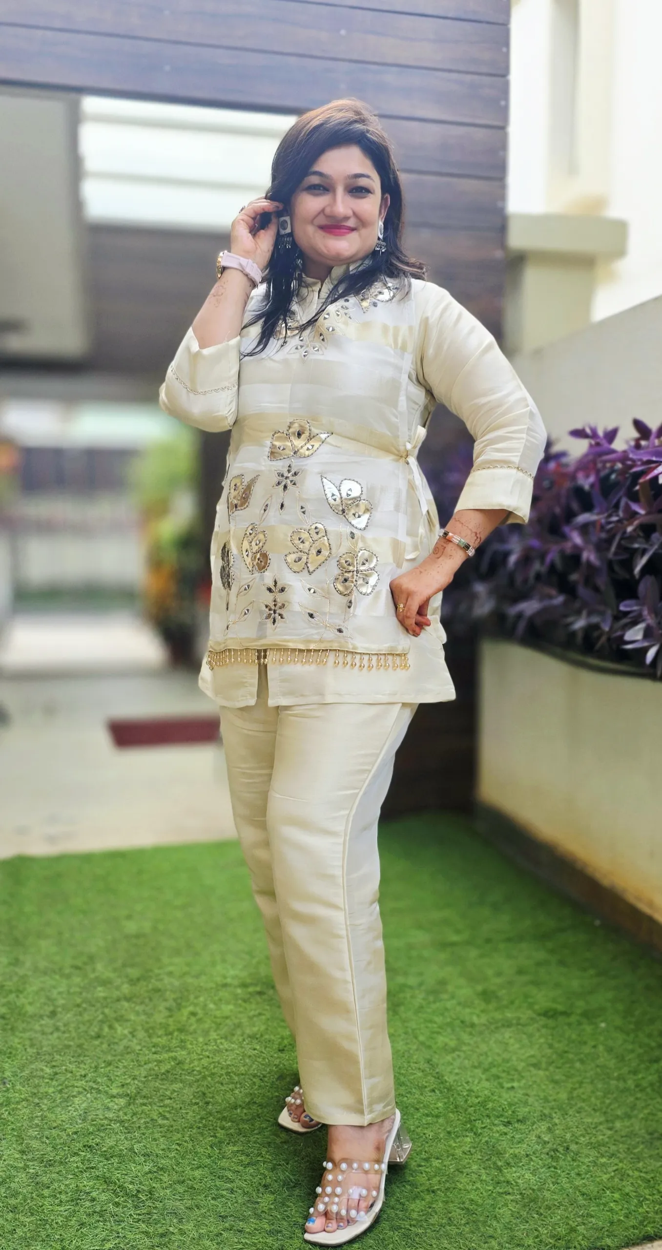 Cream Indo-fusion Dress with Leather Work, photo 5