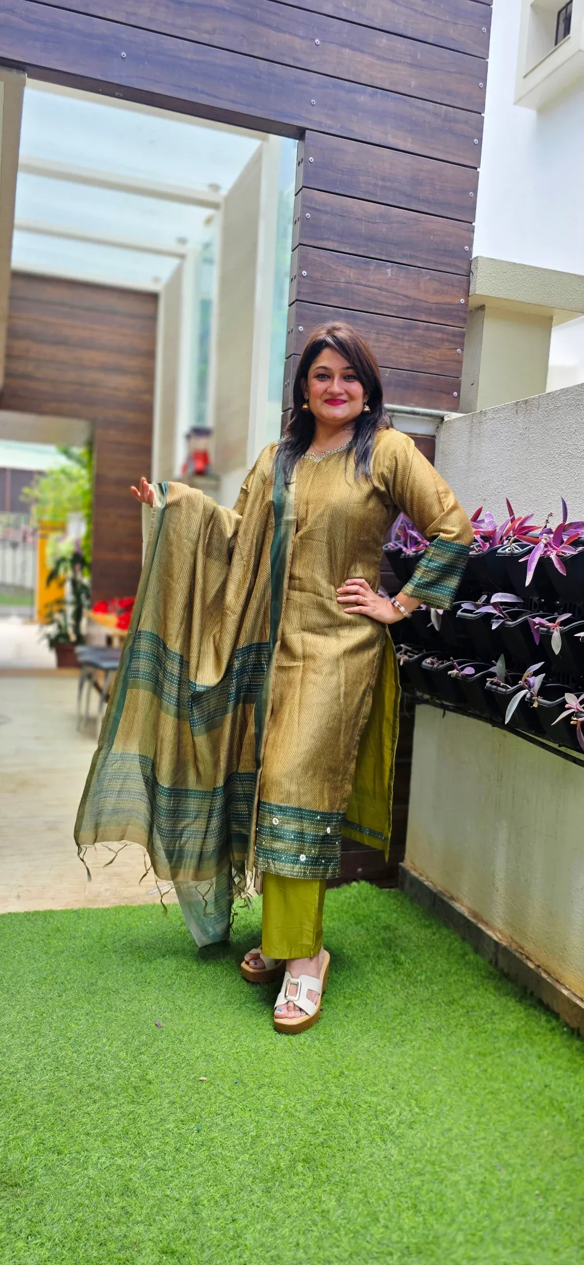 Mehendi Green Casual Dress with Kalamkari Dupatta