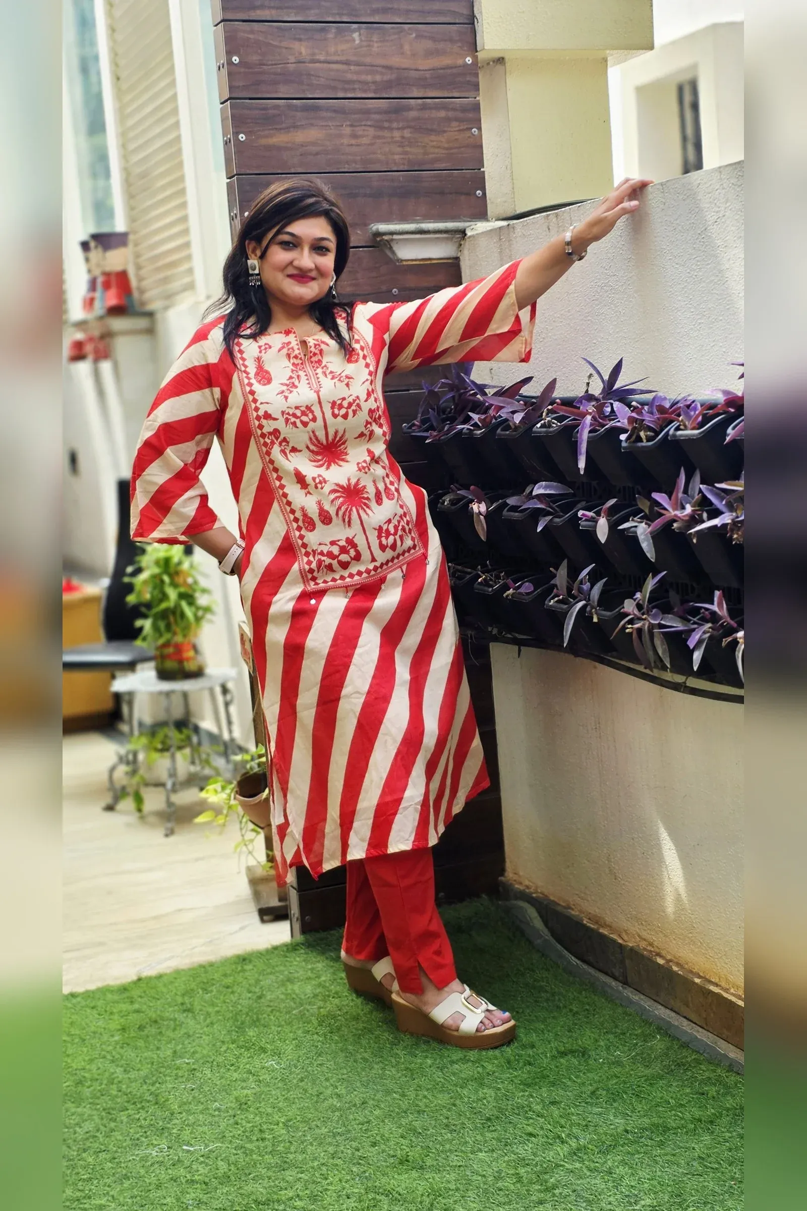 Red & White Striped Co-ord Set with Embroidered Yoke, photo 5