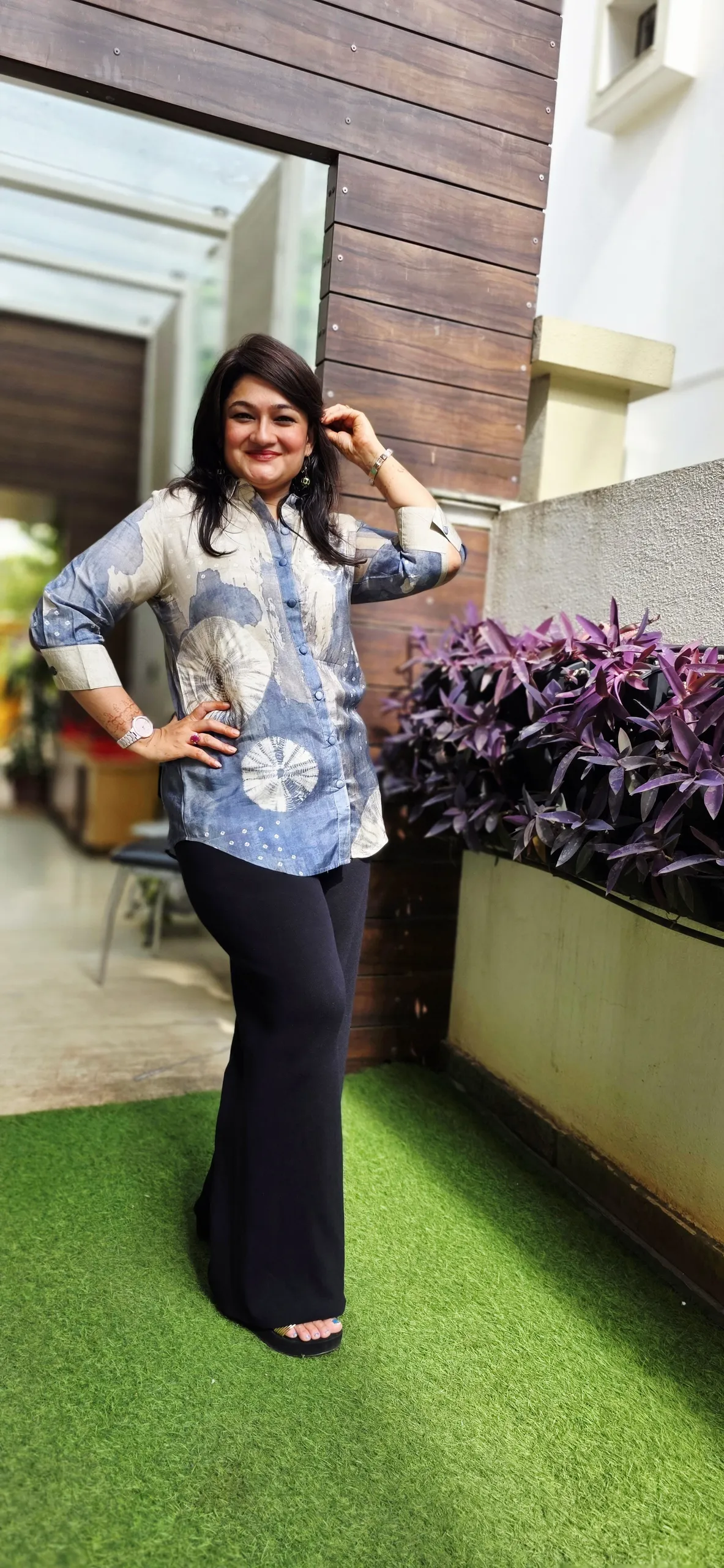 Beige and Blue Denim Look Shirt
