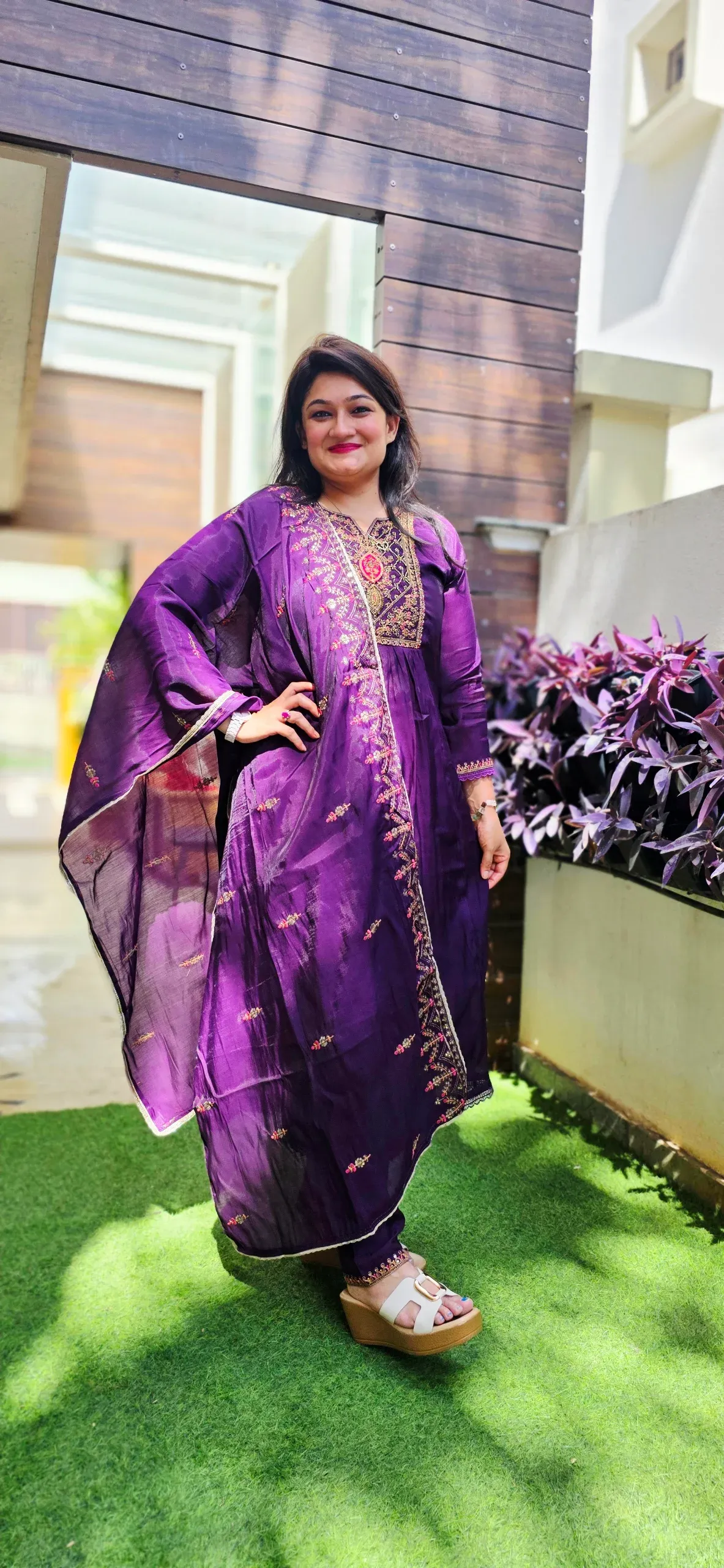 Wine Mul Chanderi Festive Dress