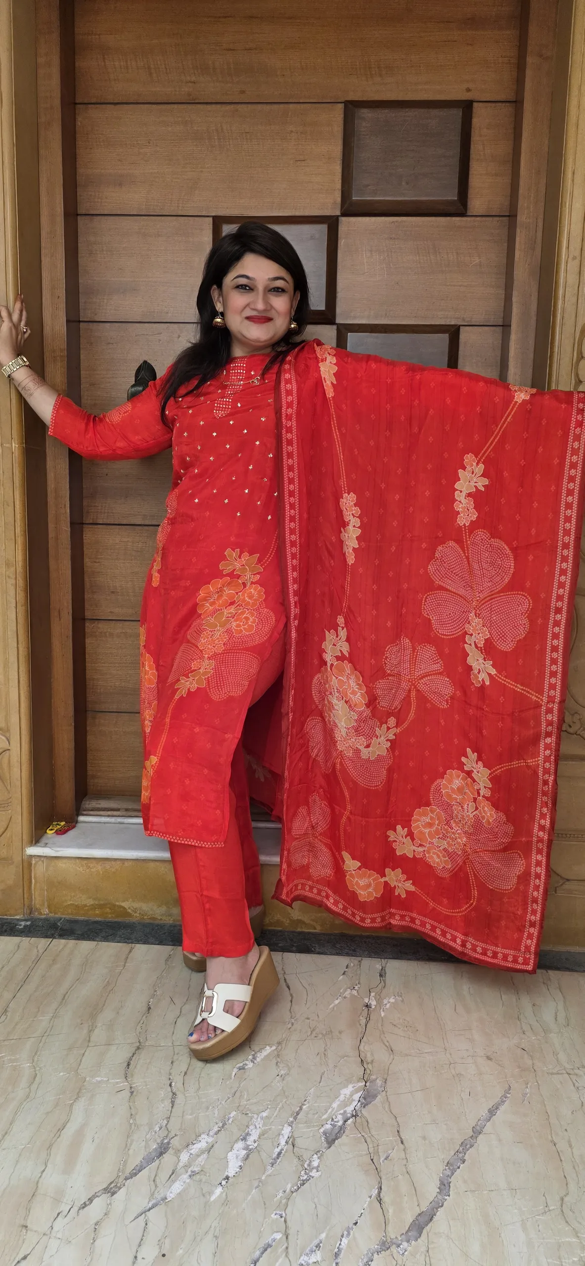 Red Festive Pure Crepe Dress with Bandhej Prints & Handwork, photo 3