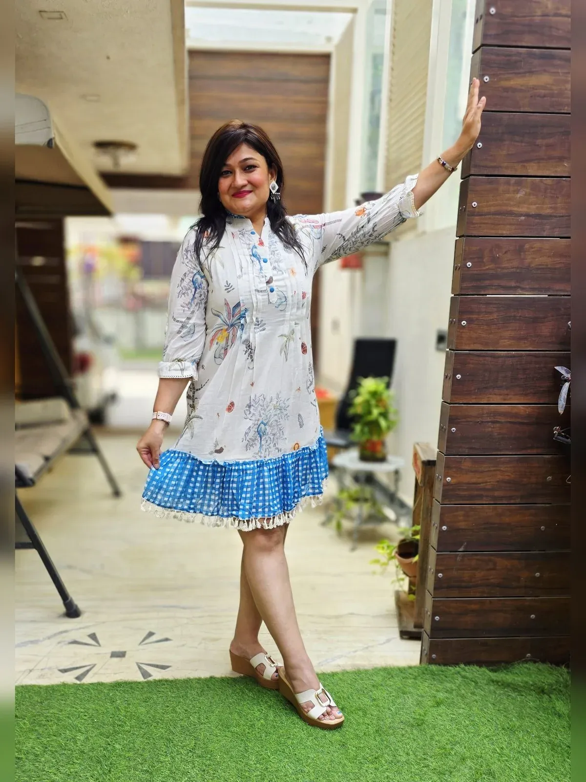 White & Blue Cotton Designer Dress