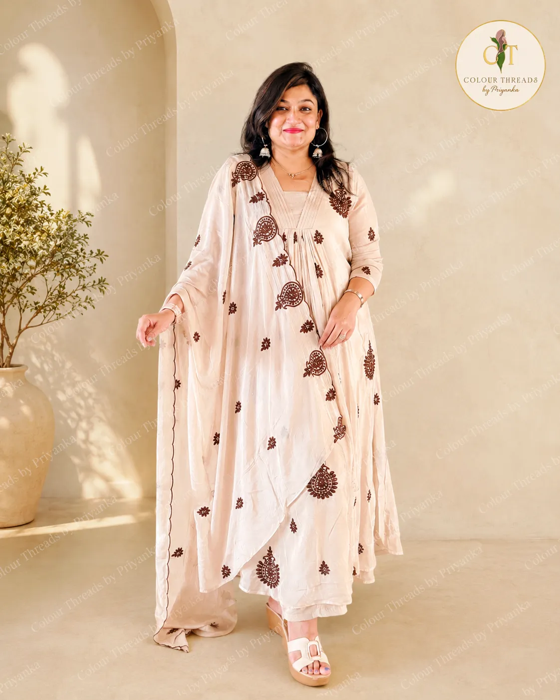 Beige Embroidered Festive Wear Dress, photo 2