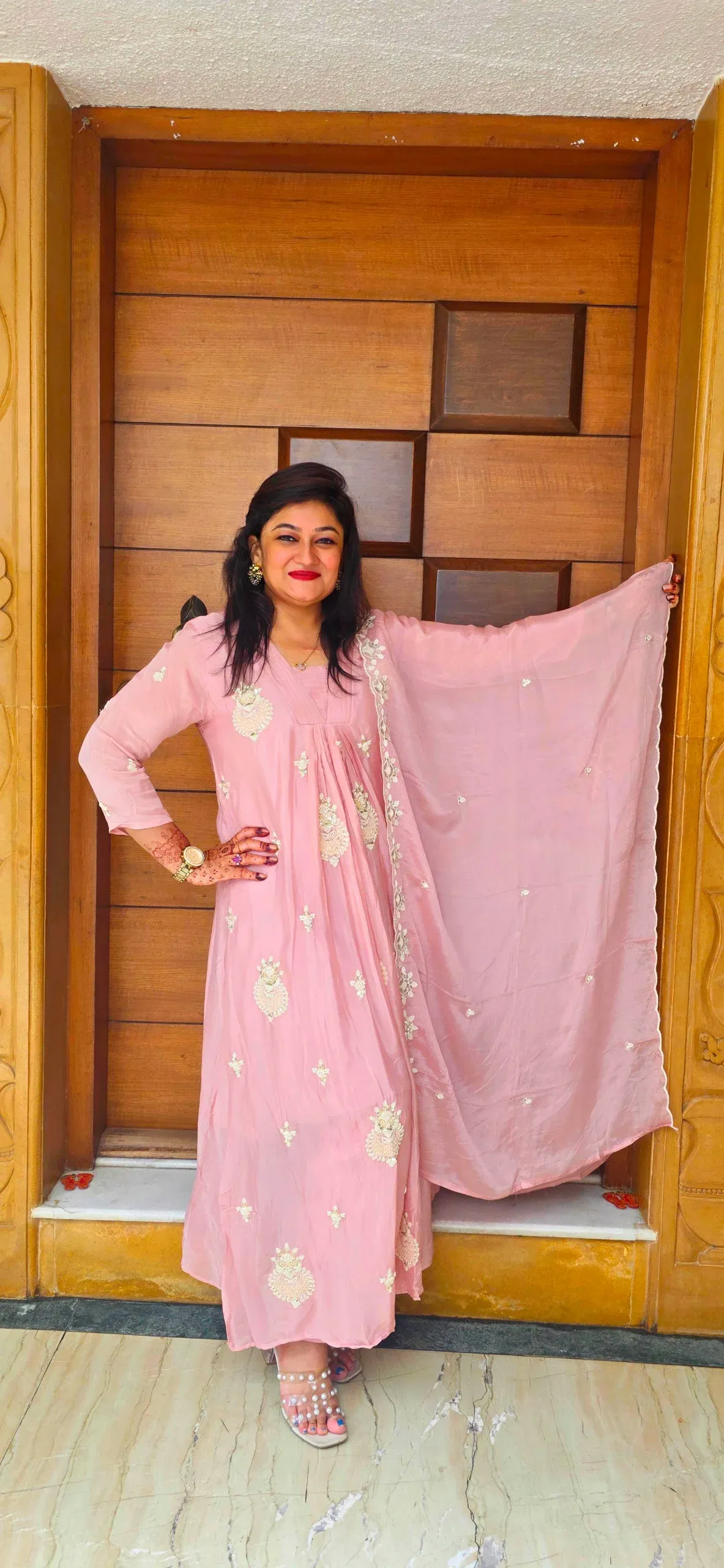 Light Pink A-line Dress with Pearl Work, photo 3