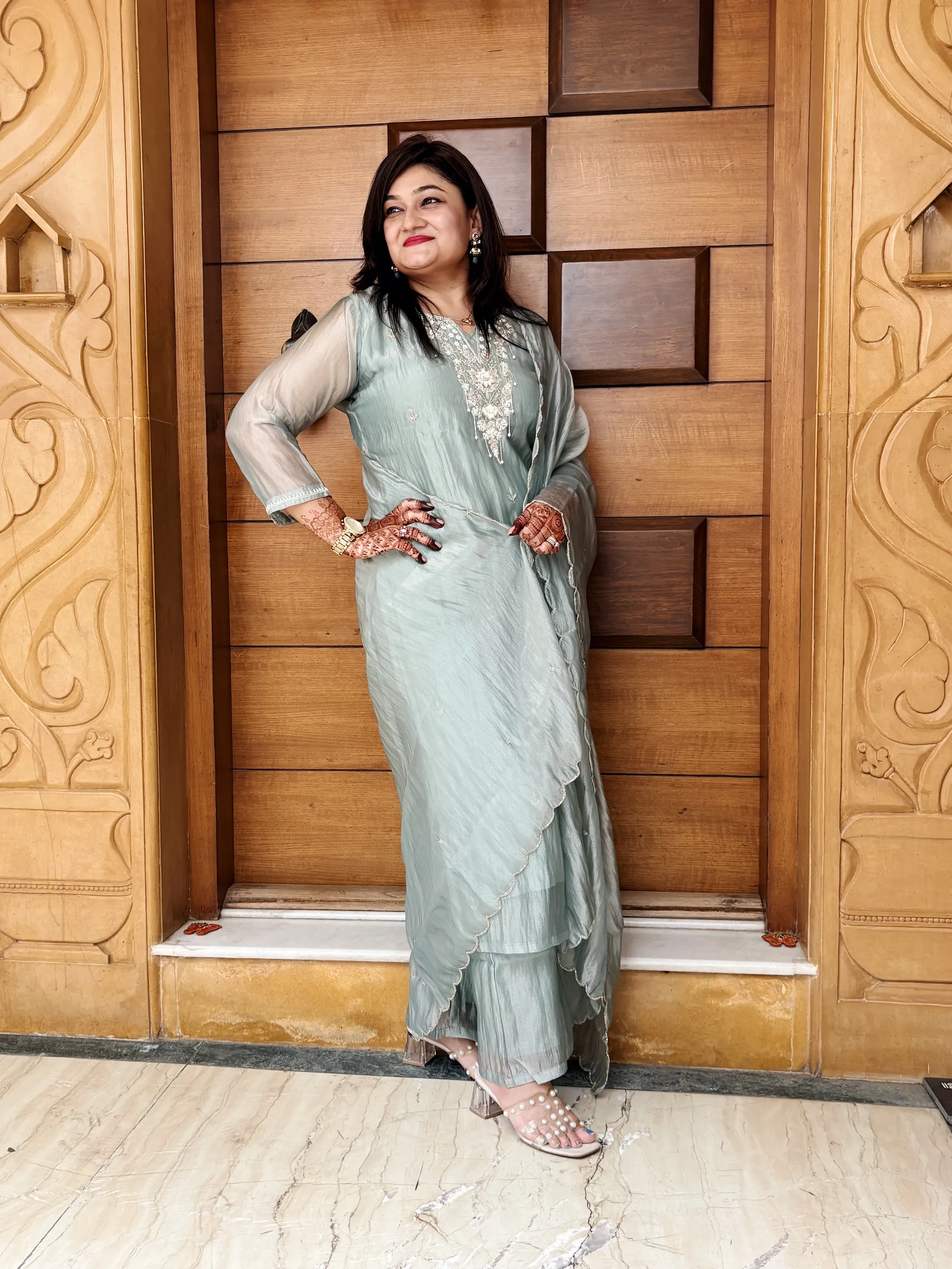 Sage Blue A-line Crush Tissue Festive Dress, photo 2
