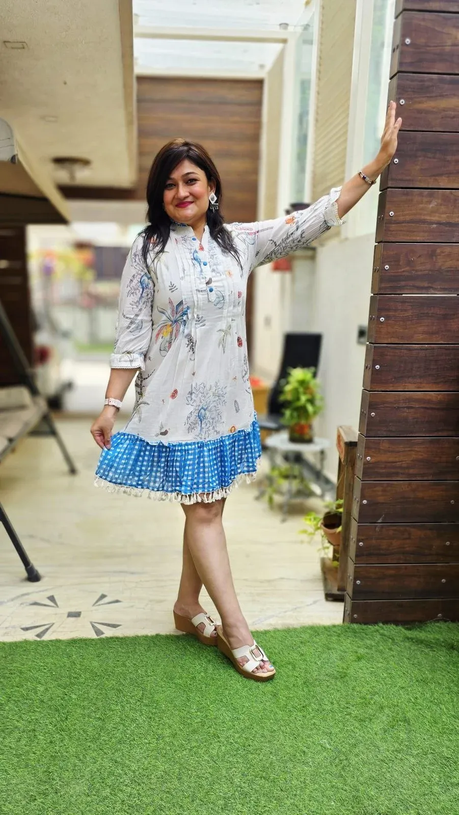 White & Blue Cotton Designer Dress