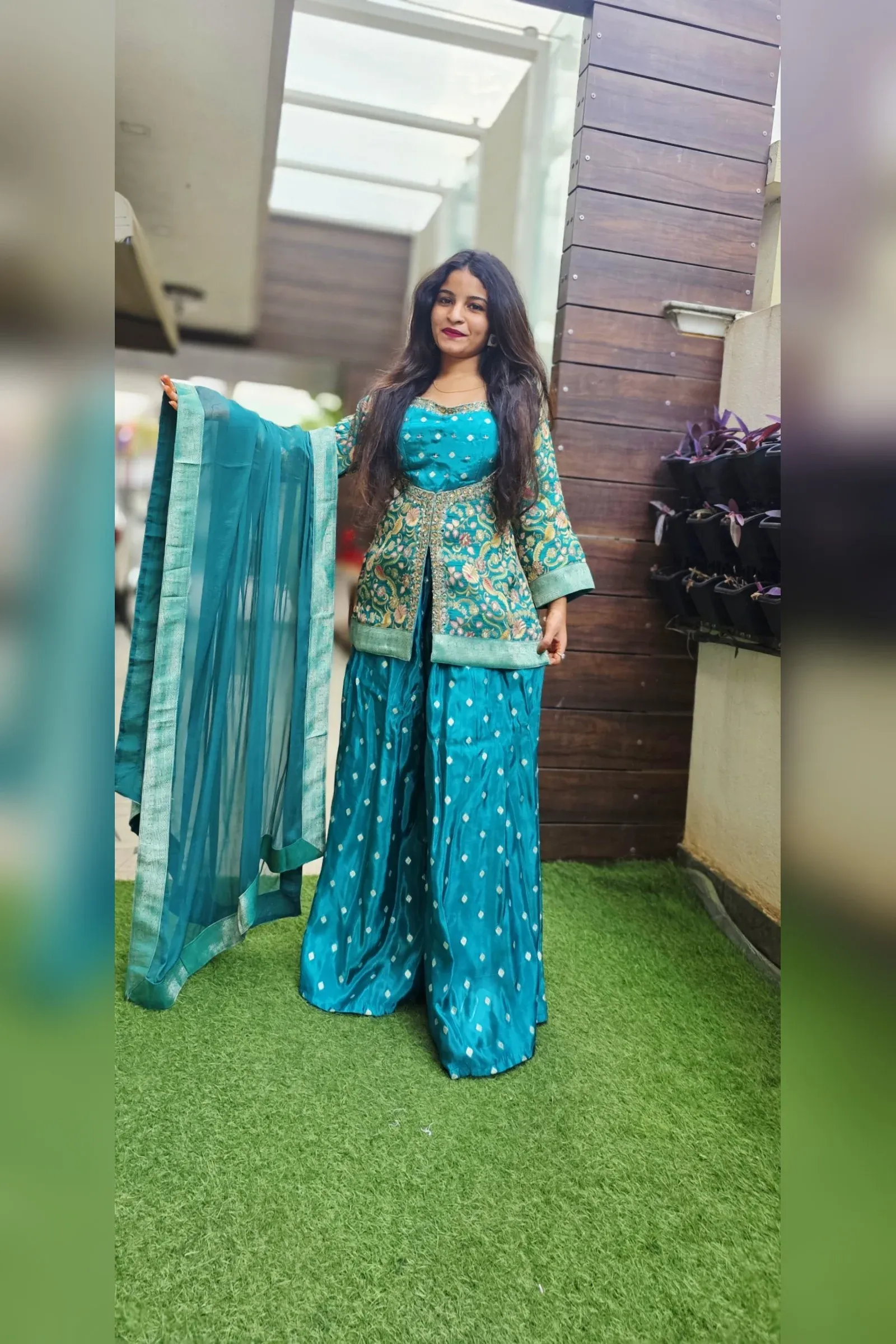 Rama Green Sharara Set with Embroidered Jacket