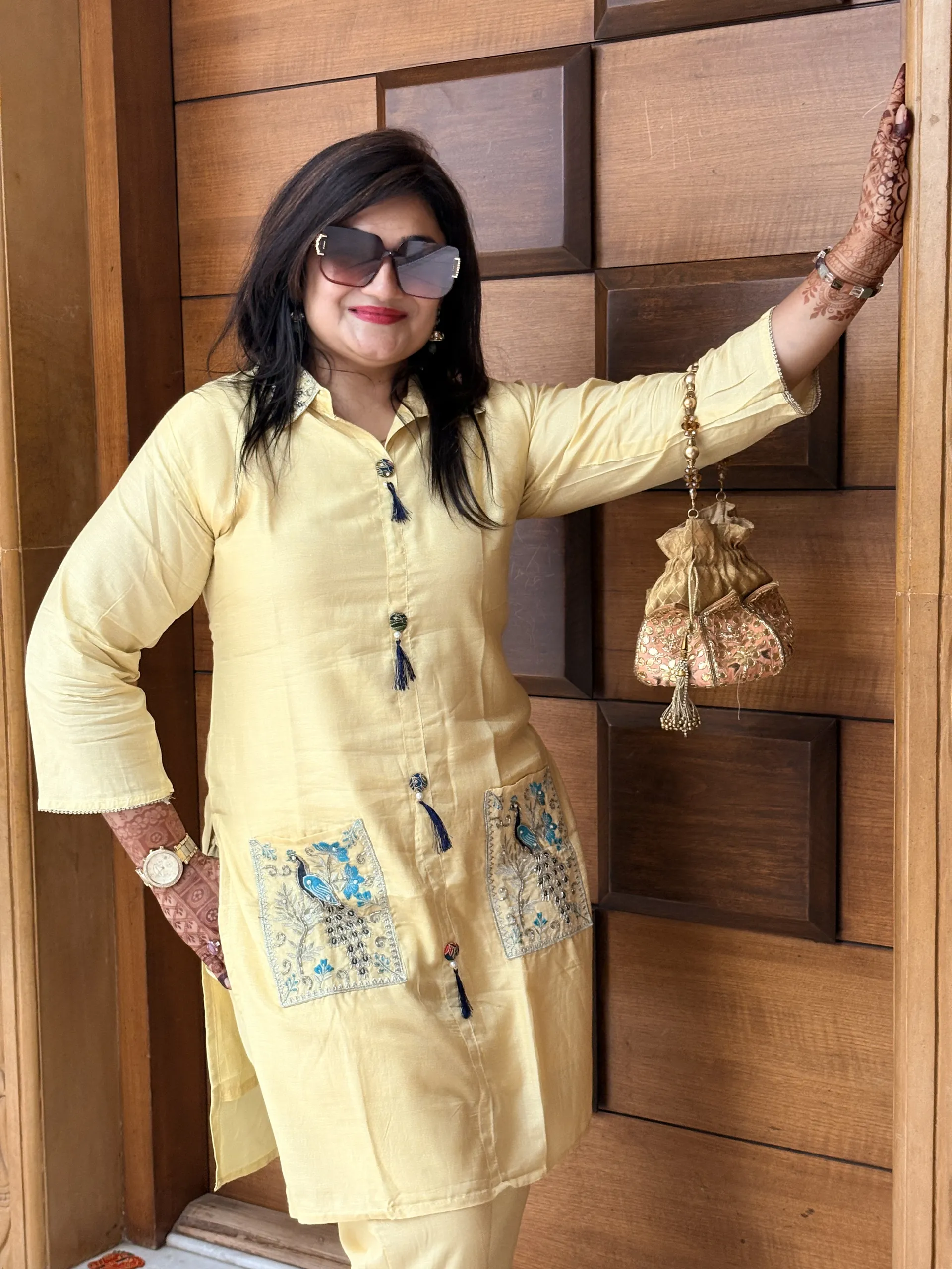 Lemon Festive Co-ord Set with Elegant Peacock Design Work, photo 2