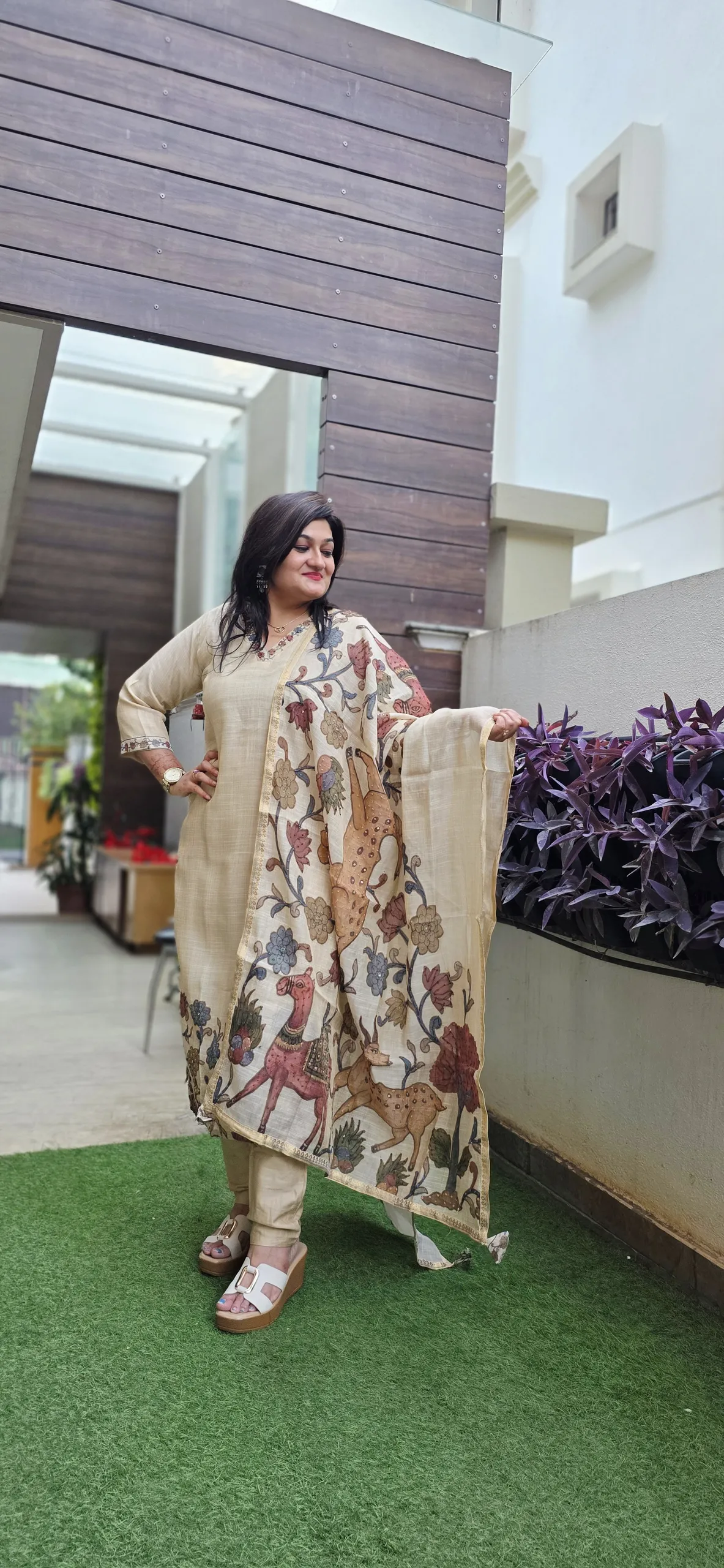 Beige Cotton Casual Dress with Kalamkari Dupatta